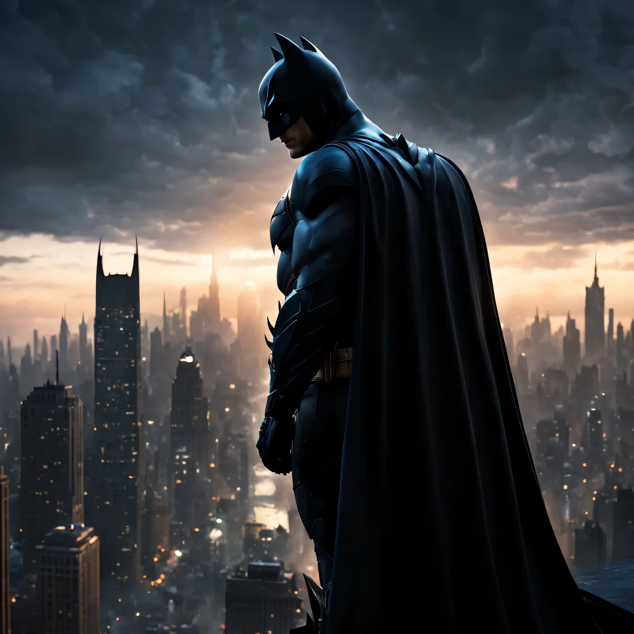 Subject description: In cinematic style, Batman is pictured standing on the edge of a skyscraper, com vista para Gotham City ao amanhecer. A primeira luz do nascer do sol ilumina o horizonte, throwing a heat, hopeful glow over the city. This scene symbolizes hope, with Batman as a vigilant guardian watching over a city transitioning from darkness to light. The cityscape below is detailed, mostrando os primeiros sinais da cidade acordando. A figura do Batman aparece em silhueta contra o amanhecer, with your cape floating gently in the morning breeze. Tipo de imagem: Imagem digital fotorrealista. Estilos de arte: cinematographic, realismo. Camera: Lente grande angular, 35mm, perfect for capturing the expansive view of the city and dramatic sky. tomada: High angle shot looking over Batman&#39;s shoulder, mostrando sua silhueta e a extensa cidade abaixo. Render related information: 8k resolution, HDR lighting to capture the vibrant colors of the sunrise and the contrast with Batman&#39;s dark silhouette, Focus on realistic city textures and gradual sky lighting, conveying a sense of hope and renewal.
