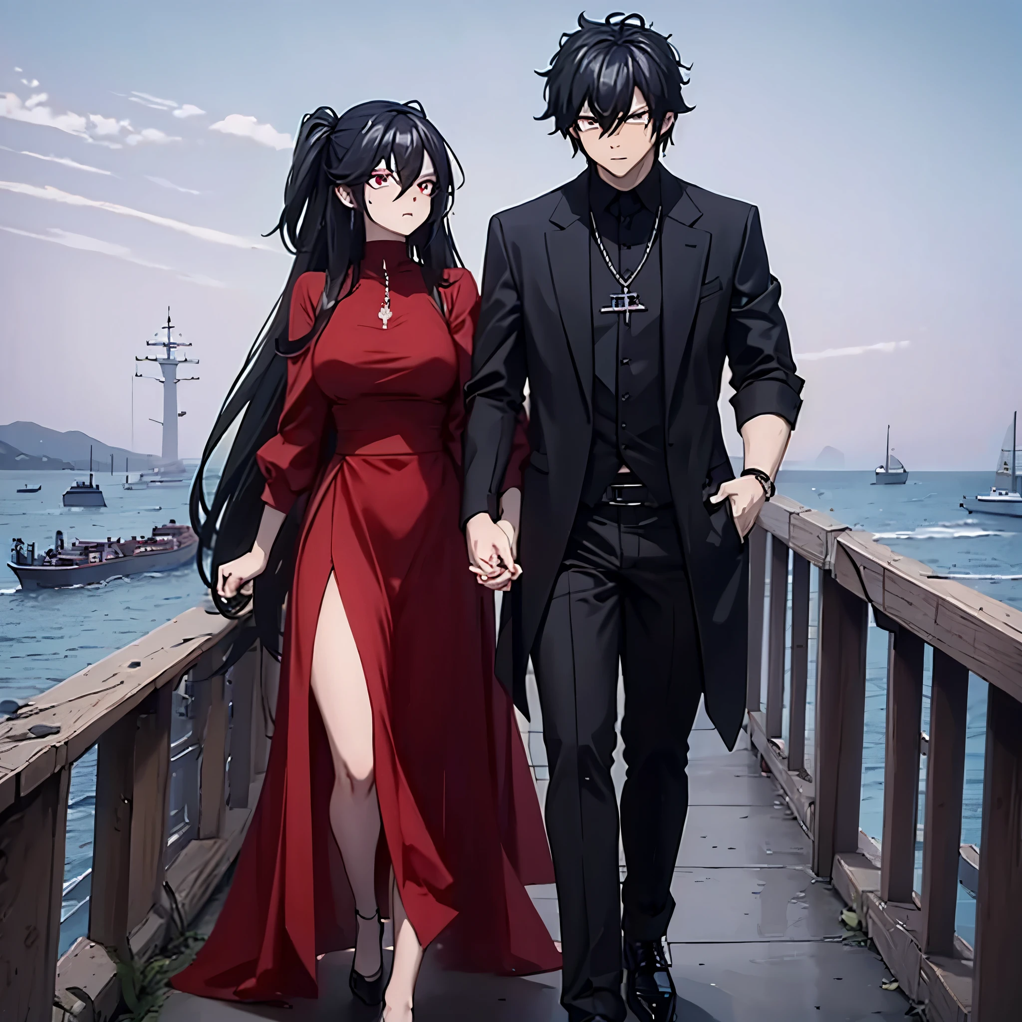 a man in black casual clothes holding the hand of a woman, red eye, in a red dress in a naval port
