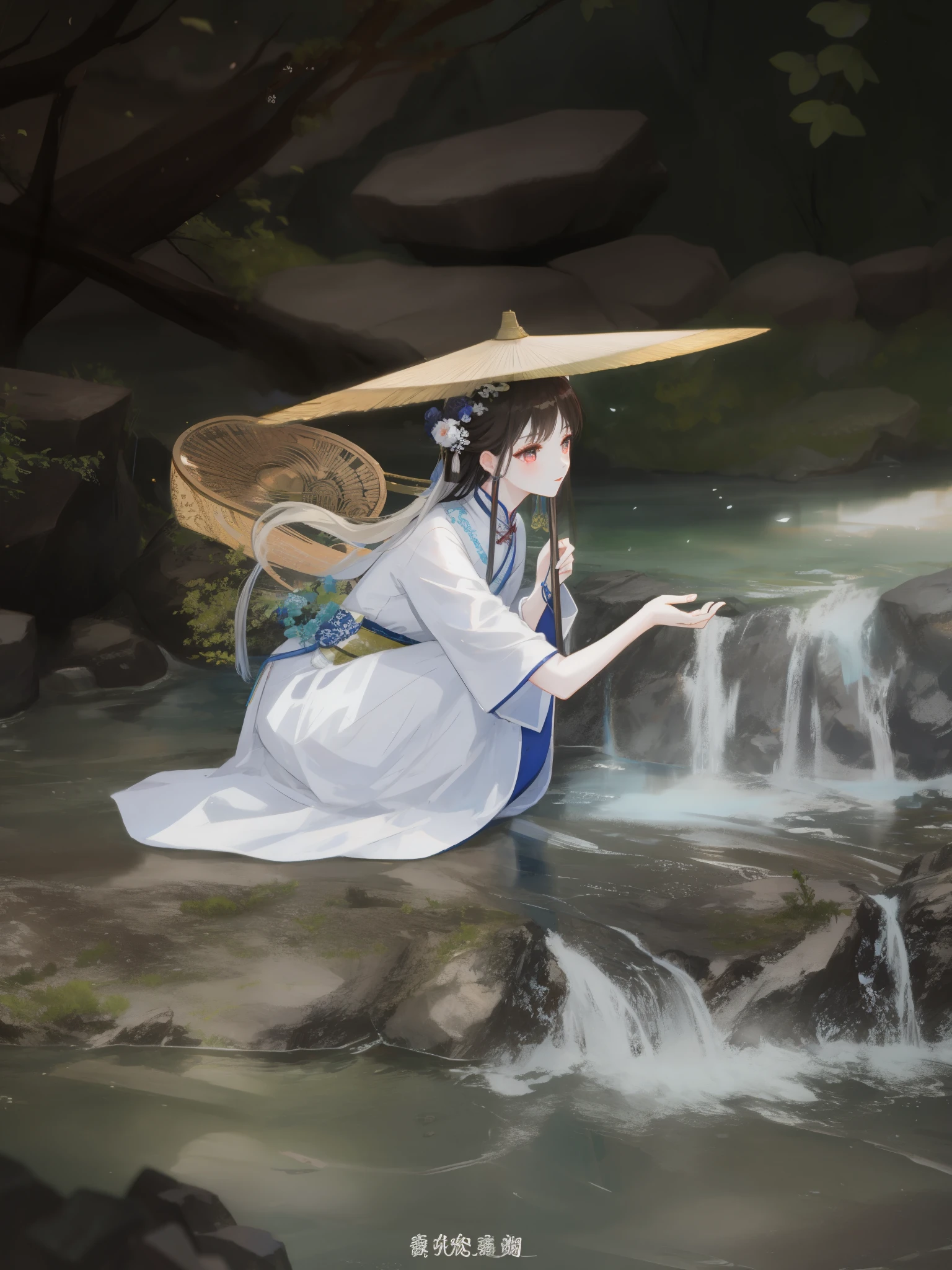 there a woman in a white dress sitting on a rock by a waterfall, hanfu, palace , a girl in hanfu, white hanfu, chinese woman, traditional chinese, traditional beauty, wearing ancient chinese clothes, chinese style, traditional chinese clothing, chinese girl, chinese costume, chinese fantasy, traditional photography, gorgeous lady, inspired by Chen Yifei