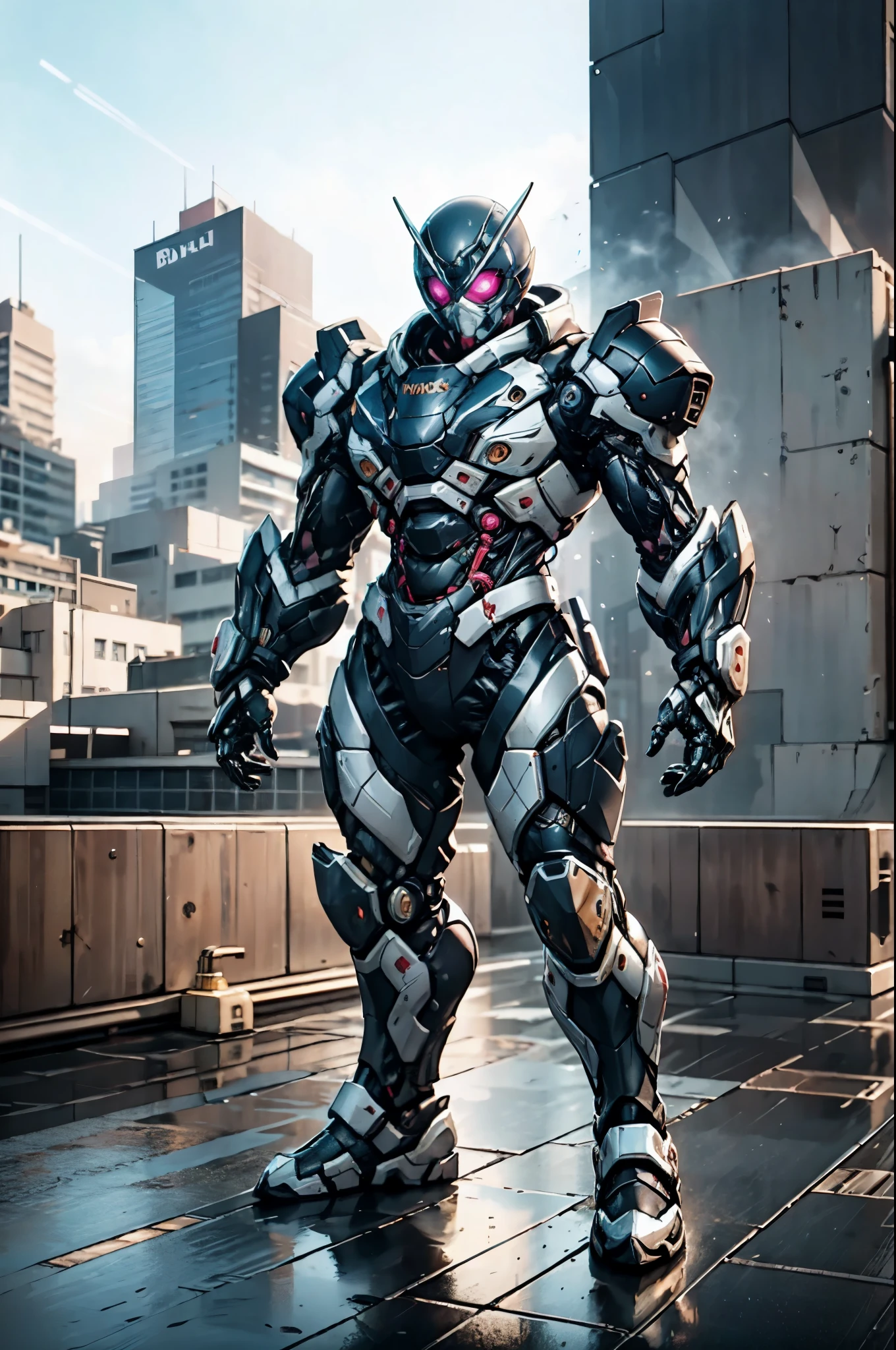 A super a high-tech biotech battle suit, standing on a rooftop, looking over the city, Japanese tokusatsu and American comic style, biometallic texture of the suit, sleek and shiny, dynamic, fast, natural light, cinematic, high quality, high resolution, high detail, sophisticated design, dramatic, high definition, ultra-detailed, ultra-fine painting, extremely delicate, creativity, Natural light, cinematic lighting, best shadow, masterpiece-anatomy-perfect