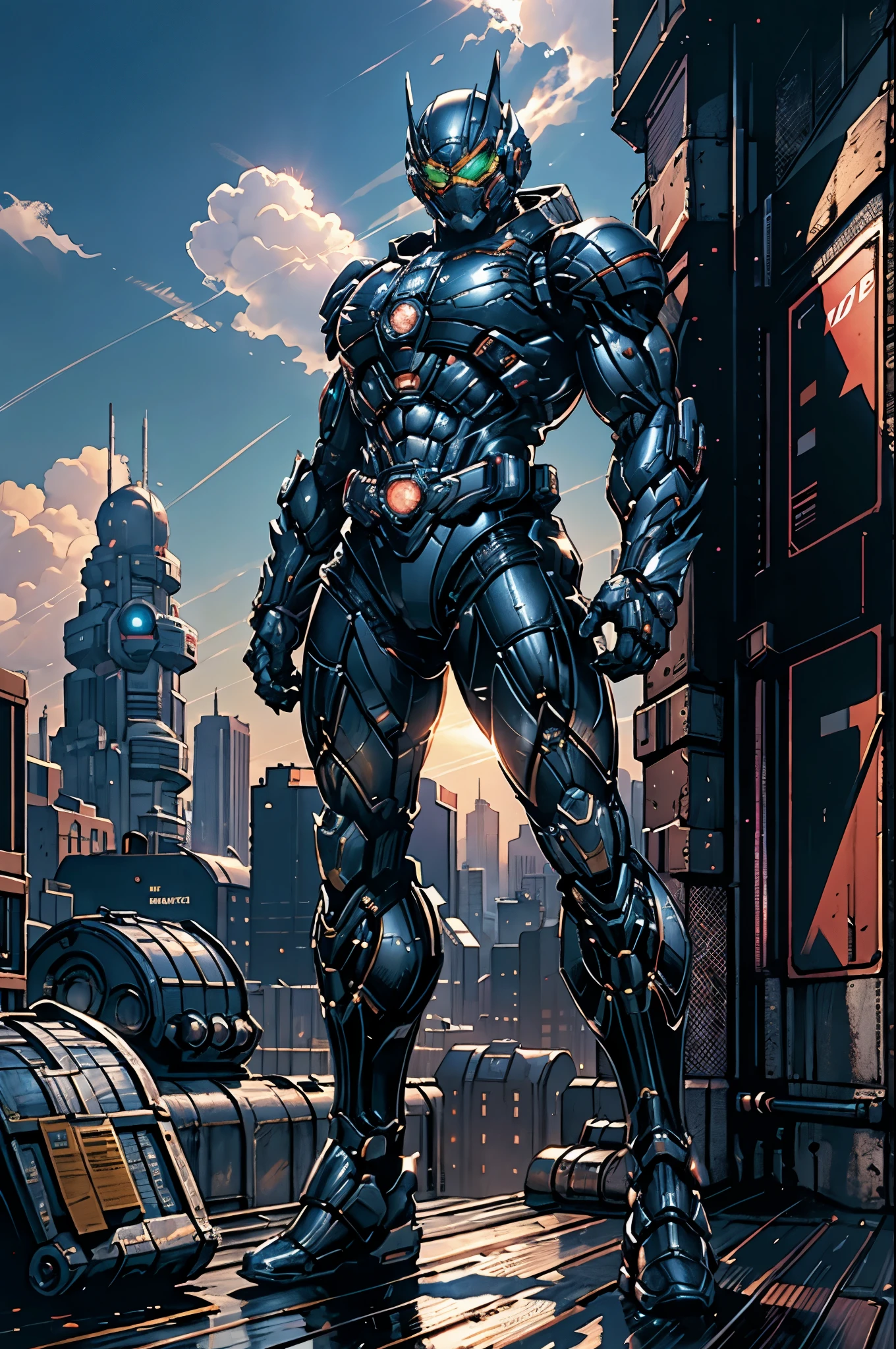 A super a high-tech biotech battle suit, standing on a rooftop, looking over the city, Japanese tokusatsu and American comic style, biometallic texture of the suit, sleek and shiny, dynamic, fast, natural light, cinematic, high quality, high resolution, high detail, sophisticated design, dramatic, high definition, ultra-detailed, ultra-fine painting, extremely delicate, creativity, Natural light, cinematic lighting, best shadow, masterpiece-anatomy-perfect
