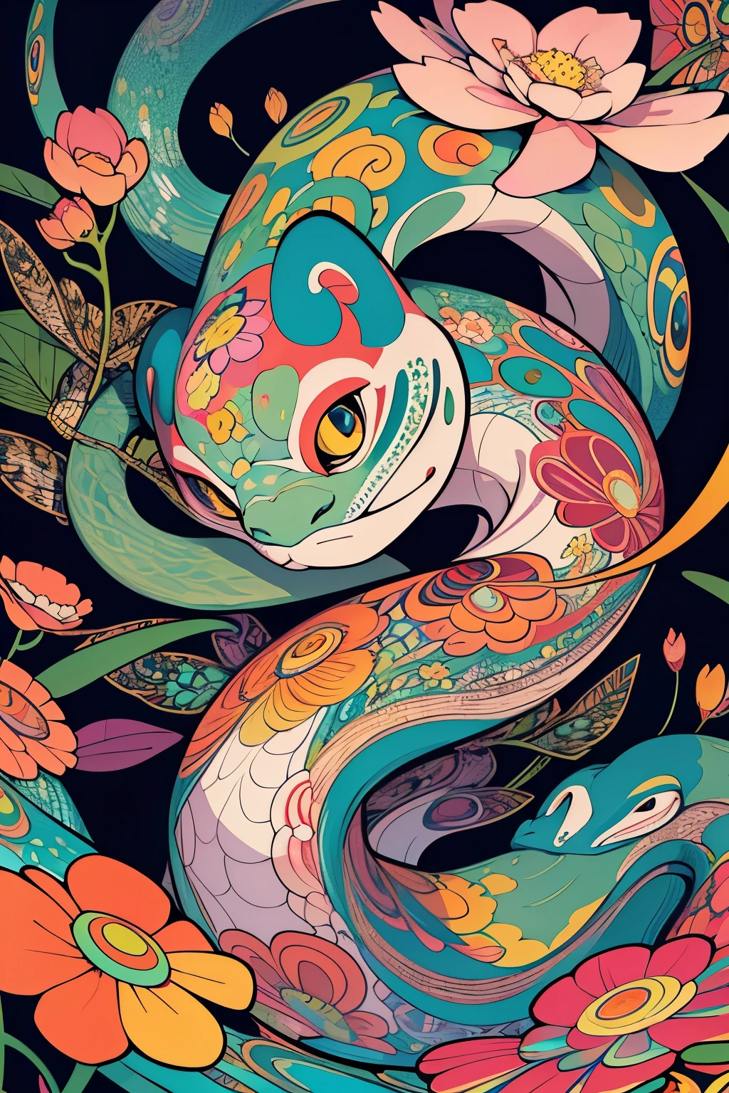 Close-up of a snake with many flowers, Inspired by Haruki Murakami, Surreal psychedelic design, Psychedelic illustration, Detailed digital illustrations, Whimsical and psychedelic, Chuanghui Illustrations, Official illustration, Colorful illustrations, adobe illustration art, Full color digital illustration, Stylized digital illustration, Inspired by Takashi Murakami, Inspired by Takashi Murakami