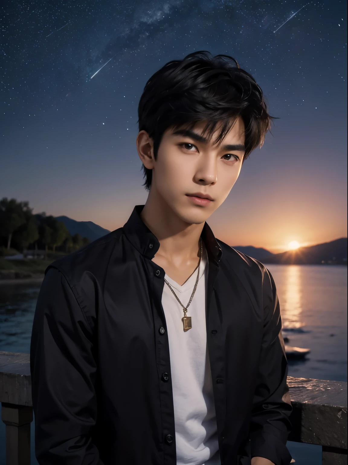 (photorealistic, masterpiece, 8K HD, good lighting quality, portrait, closing up on face, intricate details, dim lighting), a handsome young vietnamese man, 25 years old, sharp gaze, confident, soft smirk, detailed face, detailed eyes, looking at the sky, wearing a jacket with rolled up sleeves over a shirt, casual wear, necklace, dark red eyes, tanned skin, lean physique, black hair, smooth hair, hair bangs, short hair, straight hair, outdoors, dawn, stars, constellation, cosmical, dreamy world, surrealism, ethereal