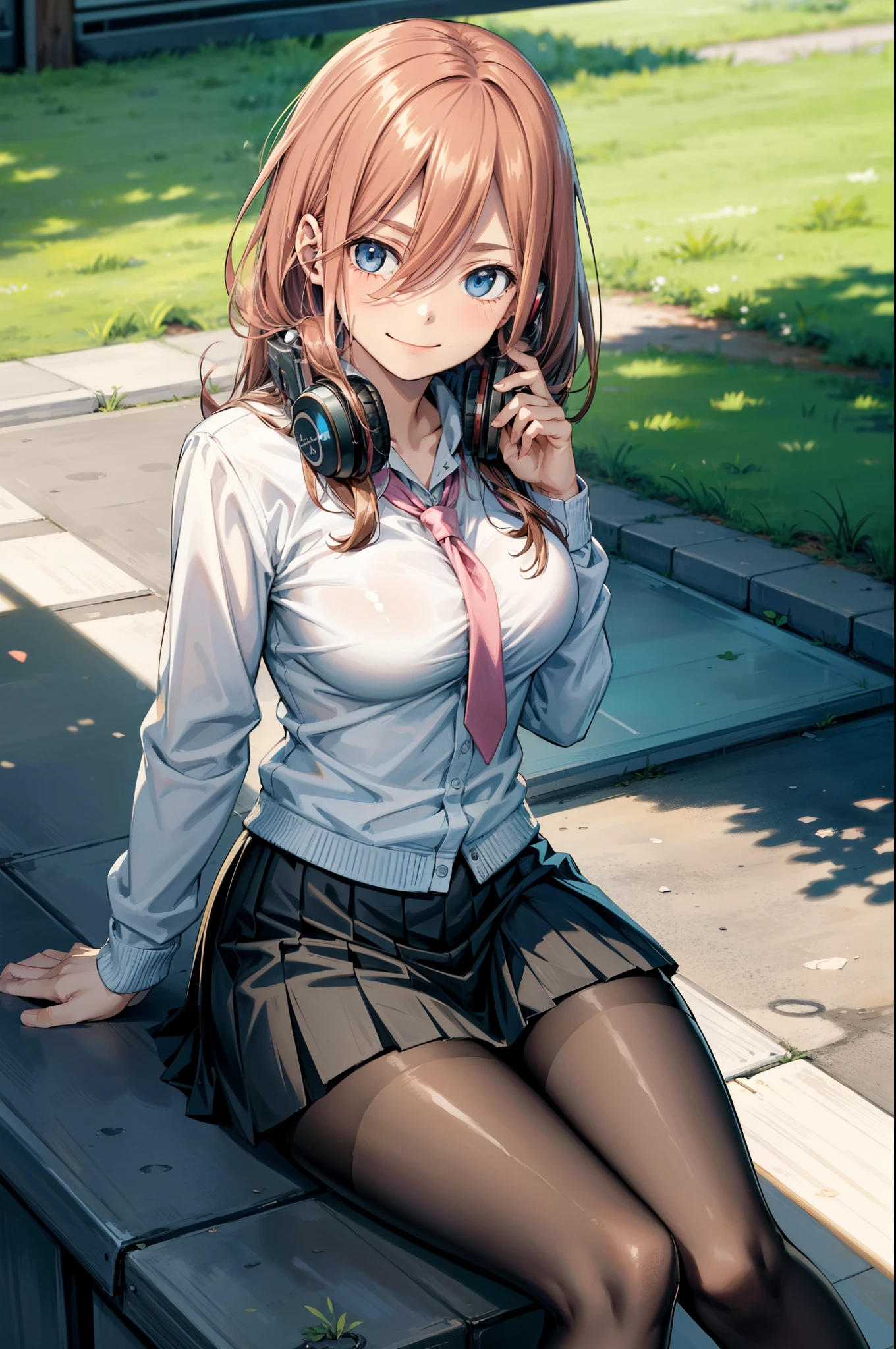 (masterpiece), best quality, expressive eyes, perfect face, highres, 1 girl, solo, miku nakano, long hair, bangs, blue eyes, brown hair, shirt, hair between eyes, headphones, cardigan, headphones around neck, skirt, shirt, long sleeves, white shirt, pantyhose, pleated skirt, black pantyhose, cardigan, green skirt, blue cardigan, outdoor, schoolyard, smiling, sitting on floor, portrait, looking at the viewer,
