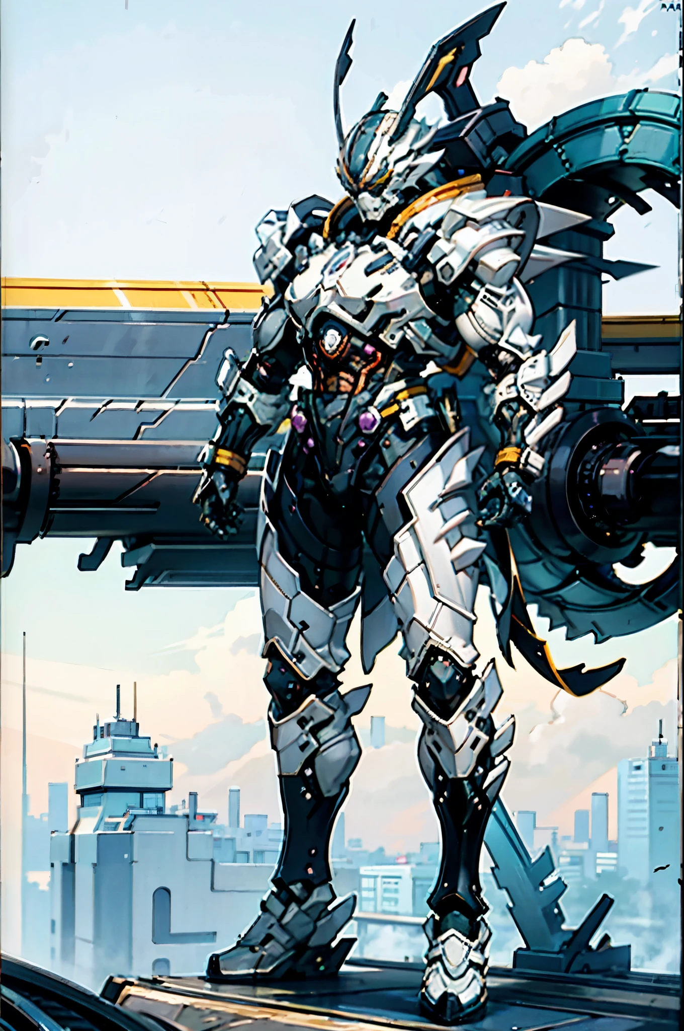 A super a high-tech biotech battle suit, standing on a rooftop, looking over the city, Japanese tokusatsu and American comic style, biometallic texture of the suit, sleek and shiny, dynamic, fast, natural light, cinematic, high quality, high resolution, high detail, sophisticated design, dramatic, high definition, ultra-detailed, ultra-fine painting, extremely delicate, creativity, Natural light, cinematic lighting, best shadow, masterpiece-anatomy-perfect