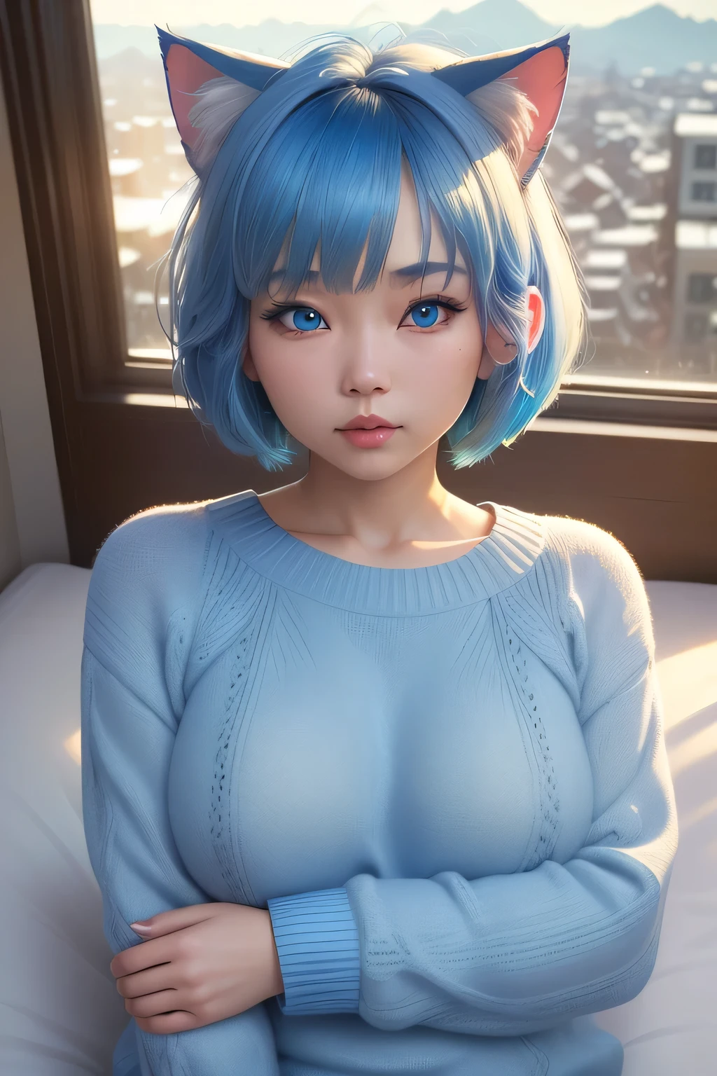 (8k, HDR, RAW photo, best quality, masterpiece:1.2, realistic lighting), medium body view, korean girl, solo, wearing blue sweater, (bob cuts hair), (sky blue hair), path traced hair, (sky blue cat ears), ((sky blue eyes)), beauty eyes, (thin face), flat chest, (home:1.3), sleeping in bed, look up, upper body.