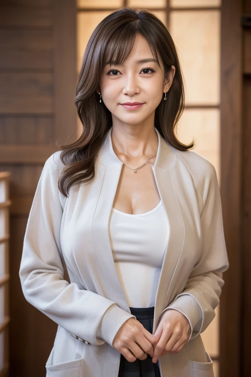best quality, High resolution, Hires, skin definition, detailed skin, detailed eyes, detailed face, 4K, 日本人mature woman, ((solo)), (((90 years old))), (wrinkles at the corners of the eyes:1.7), (nasolabial folds:1.5), mature woman, sex appeal, sexy, fair skin, ((wavy long hair)), Looking at Viewer,(((my skin is old))), ((muscles are old)), (((Very large breasts:1.28))), ((loose breasts)), (flaccid butt), ((japanese model)), 4K, (photoReality:1.5), Reality, ticker, Beautiful, Bimbo, Perfect makeup, eye make up:1.9, small diamond necklace, earrings, {((Brown duffel coat)), ((white undershirt)), (Argyle pattern pleated skirt), (black long boots )}, smile, Public place,full body photo,