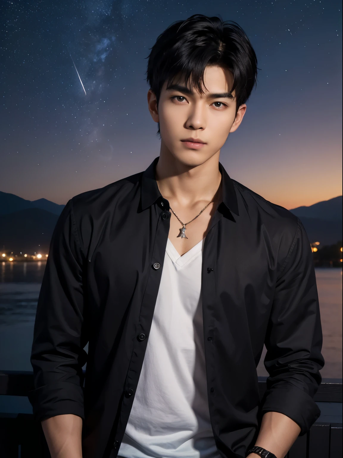 (photorealistic, masterpiece, 8K HD, good lighting quality, portrait, closing up on face, intricate details, dim lighting), a handsome young vietnamese man, 25 years old, sharp gaze, confident, soft smirk, detailed face, detailed eyes, looking at the sky, wearing a jacket with rolled up sleeves over a shirt, casual wear, necklace, dark red eyes, tanned skin, lean physique, black hair, smooth hair, hair bangs, short hair, straight hair, outdoors, dawn, stars, constellation, cosmical, dreamy world, surrealism, ethereal