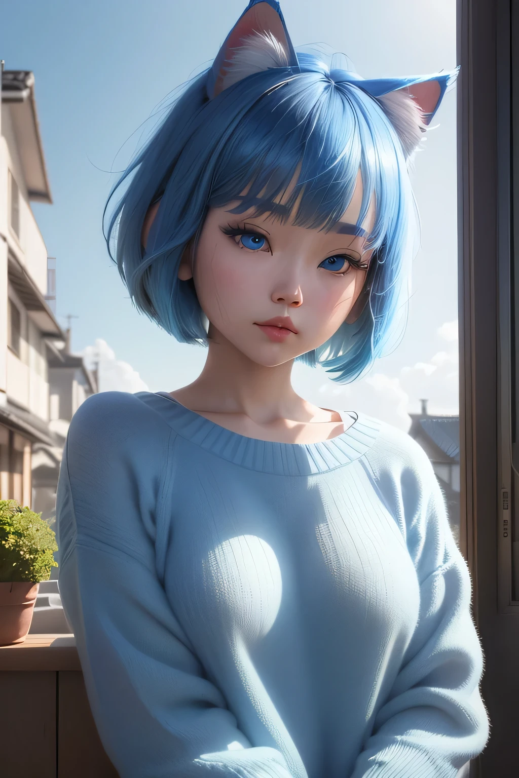 (originalphotos, Best quality, Masterpiece x1.2), (Lifelike, Photo realistic x1.4), (Masterpiece x1.4), (Best quality x1.4), 1 girl, Sit quietly at the table and read a book，desk lamp，den，独奏, Showing a frightened expression, Blue hair, blue sweater, Denim pants,looks into the camera，There are shooting stars outside the windows,White flowers，Greenery,(Shiny skin), realperson