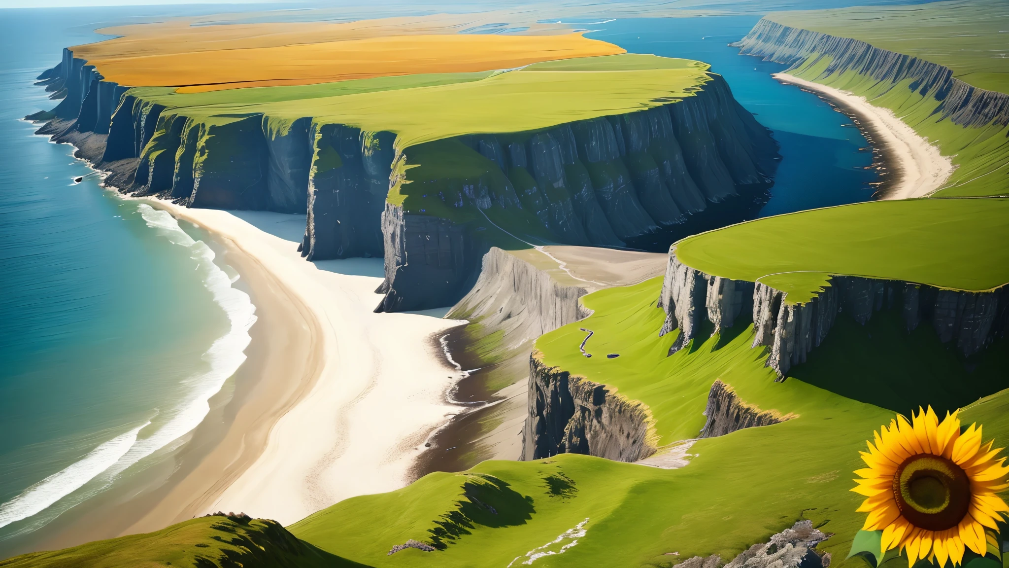 Areal shot from above of the typical Scotland landscape ocean shore green cliffs with the sunflowers fields on part of the cliff, masterpiece,8k , hype realistic, cinematic, sunflower field 