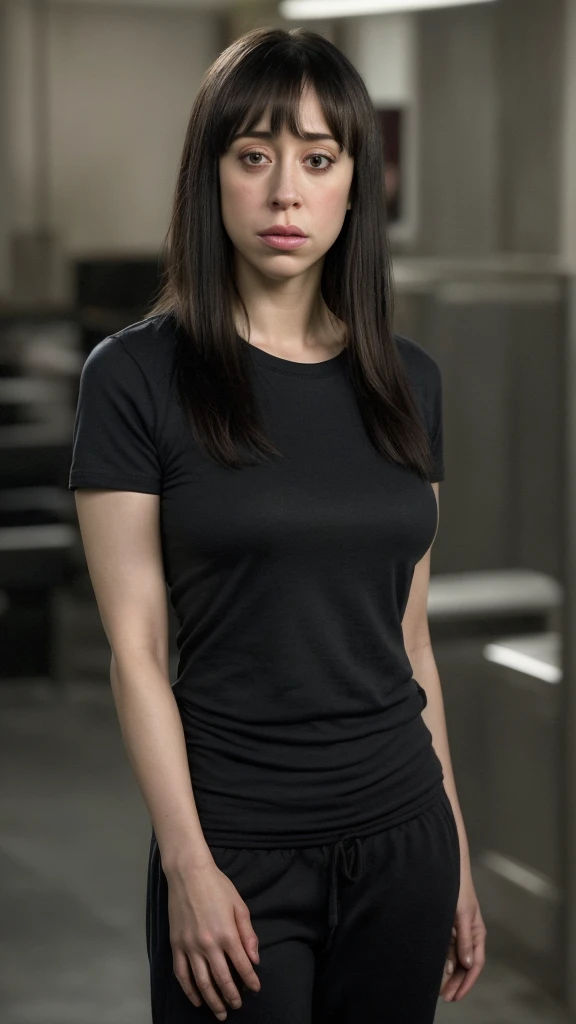 a woman wearing a black tshirt and blue sweatpants, this person does not exist, 30 years old, with very thin lips, shoulder length straight black hair with bangs, with serious face expression, cristin milioti-alyssa milano-yael stone-desiree hartstock-chloe bennet-jackie cruz-sophie marceau-bethany joy lenz-madeleine mantock-christian serratos-haylie duff-amy heckerling merged, entire body visible, full body, hyperrealistic, best quality, 8K, real human skin, masterpiece, extremely intricate, medium closeup, detailed eyes, detailed face, detailed body, exaggerated features, pronounced features