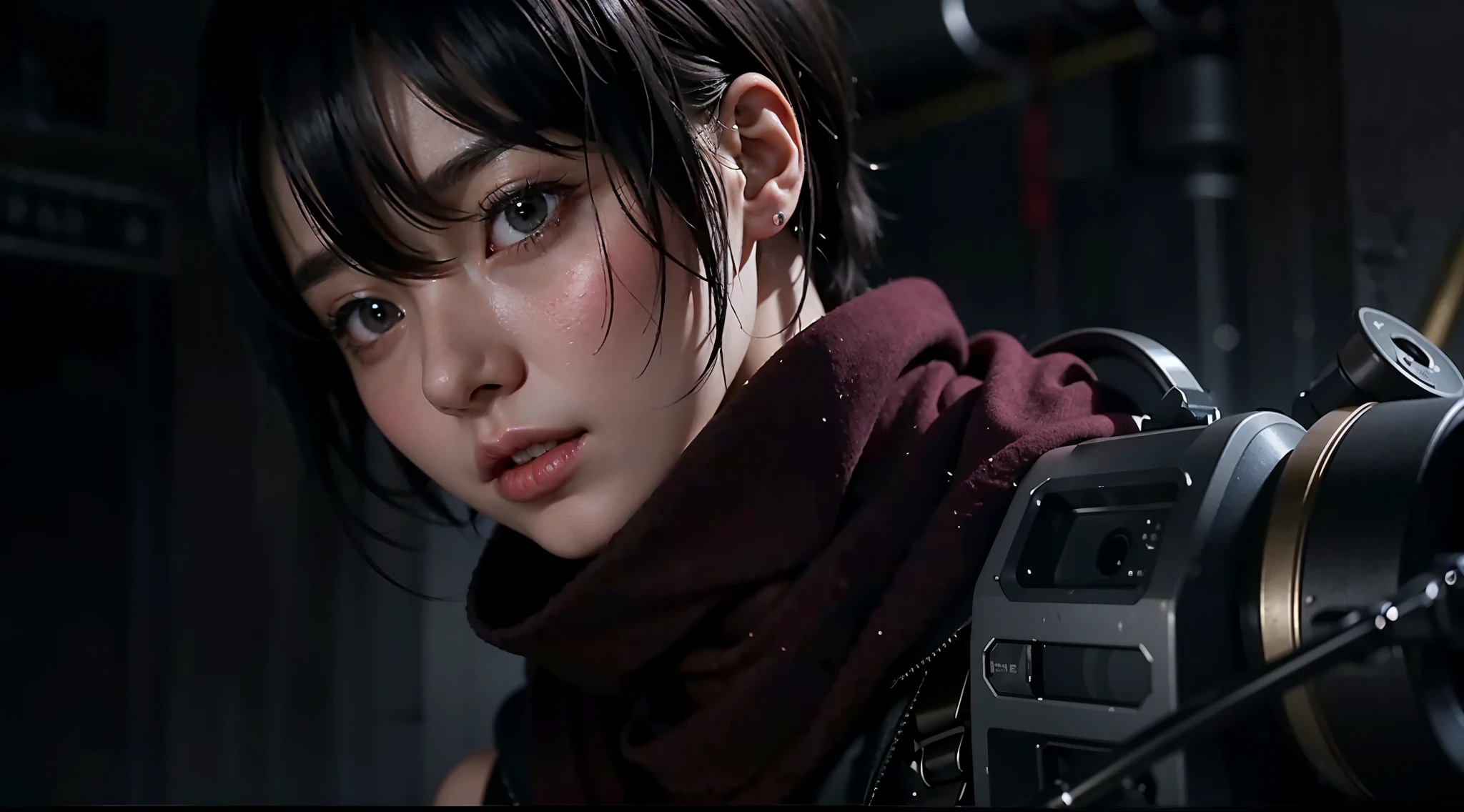 short hair、red muffler:1.3、Scars on the cheeks、detailed hair、look of despair、19 years old、female:1.2、black hair、movie writing、Special equipment、gray eyes、(best quality, 8K, 32K, muste piece, ticker:1.2)