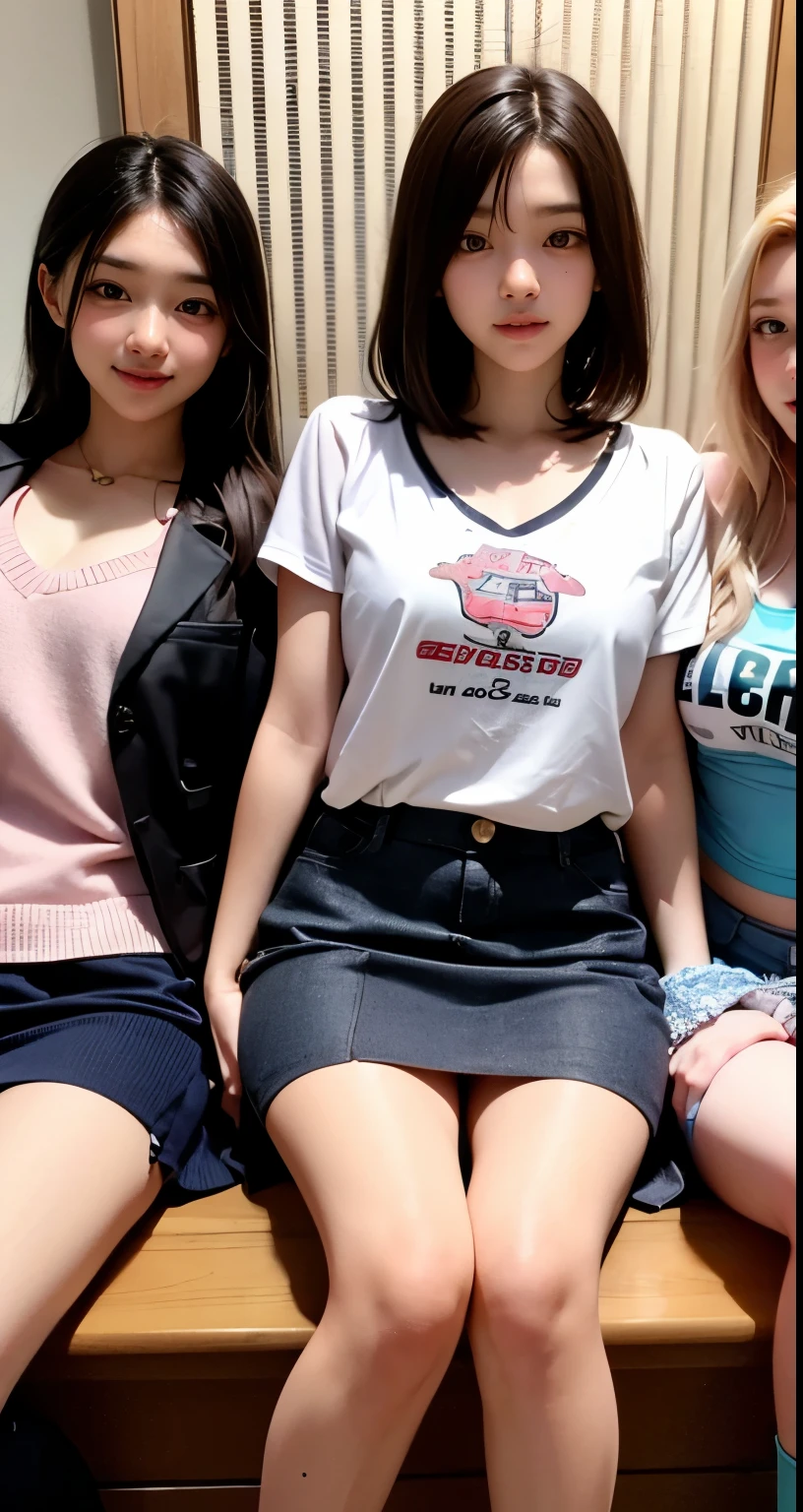 two girls standing in the park,Plain white school gym shirt with navy blue trim, Navy blue speed briefs,Red headband,White headband,************,bangs,A small smile,Thighs,knees,Straight hair with barrette,From below,Front light, White panties visible through the skirt、Lift the hem of your skirt with both hands to reveal your panties、Are thin、slender、Small breasts、Flat Chest、Small breasts