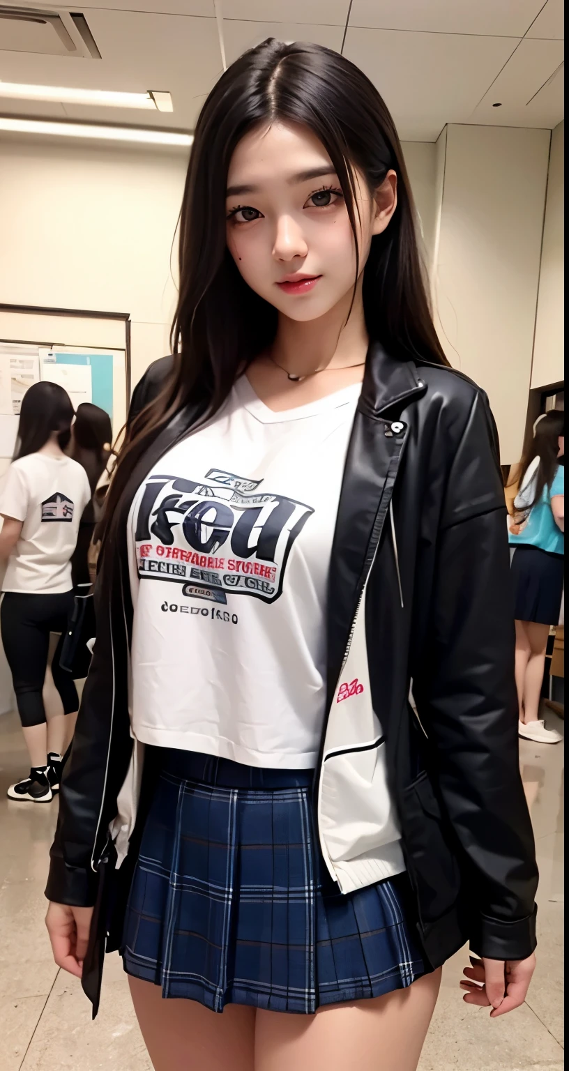 Supermodel、perfect details、high school girl、mini skirt、high school girlが3人で画面を見つめてくる　3 girls