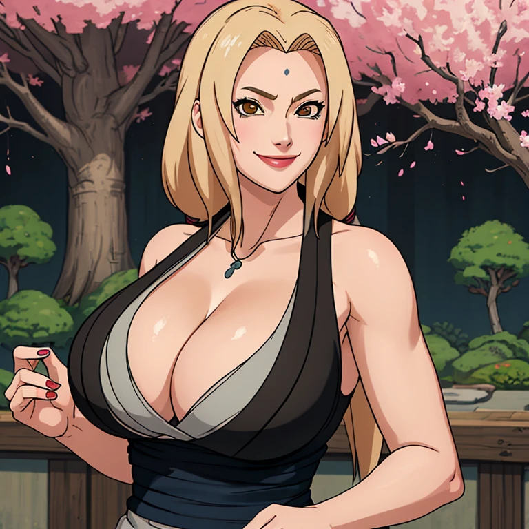 masterpiece， Best quality at best， (1girl)， Tsunade Senju， Large breast，（cleavage)，（upperbody closeup)，Raised sexy， shy，smile，long blonde hair, （brown eyeballs:1.4)， the cherry tree, busty figure, huge breats, busty, cleavage 