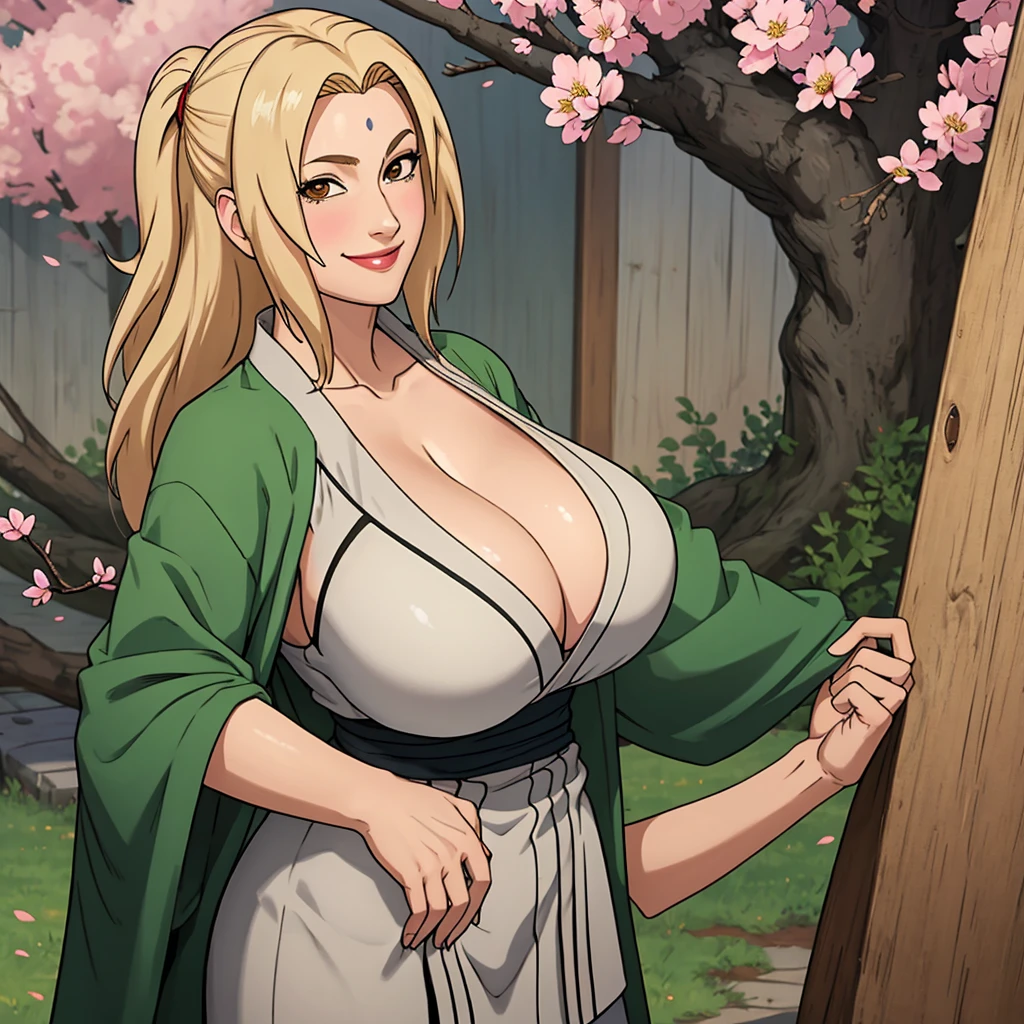 masterpiece， Best quality at best， (1girl)， Tsunade Senju， Large breast，（cleavage)，（upperbody closeup)，Raised sexy， shy，smile，long blonde hair, （brown eyeballs:1.4)， the cherry tree, busty figure, huge breats, busty, cleavage 