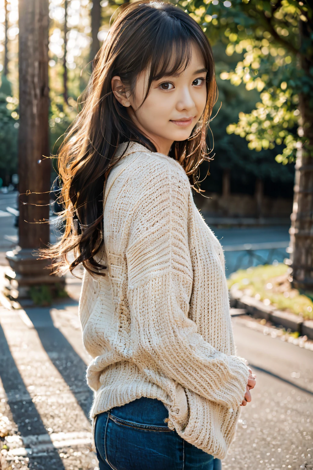 Photorealistic, CinemaScope, FilmSteel, a japanese girl, feminin pose, urban wears, messy hair, forest, sunset time, Realism, bumps on the skin