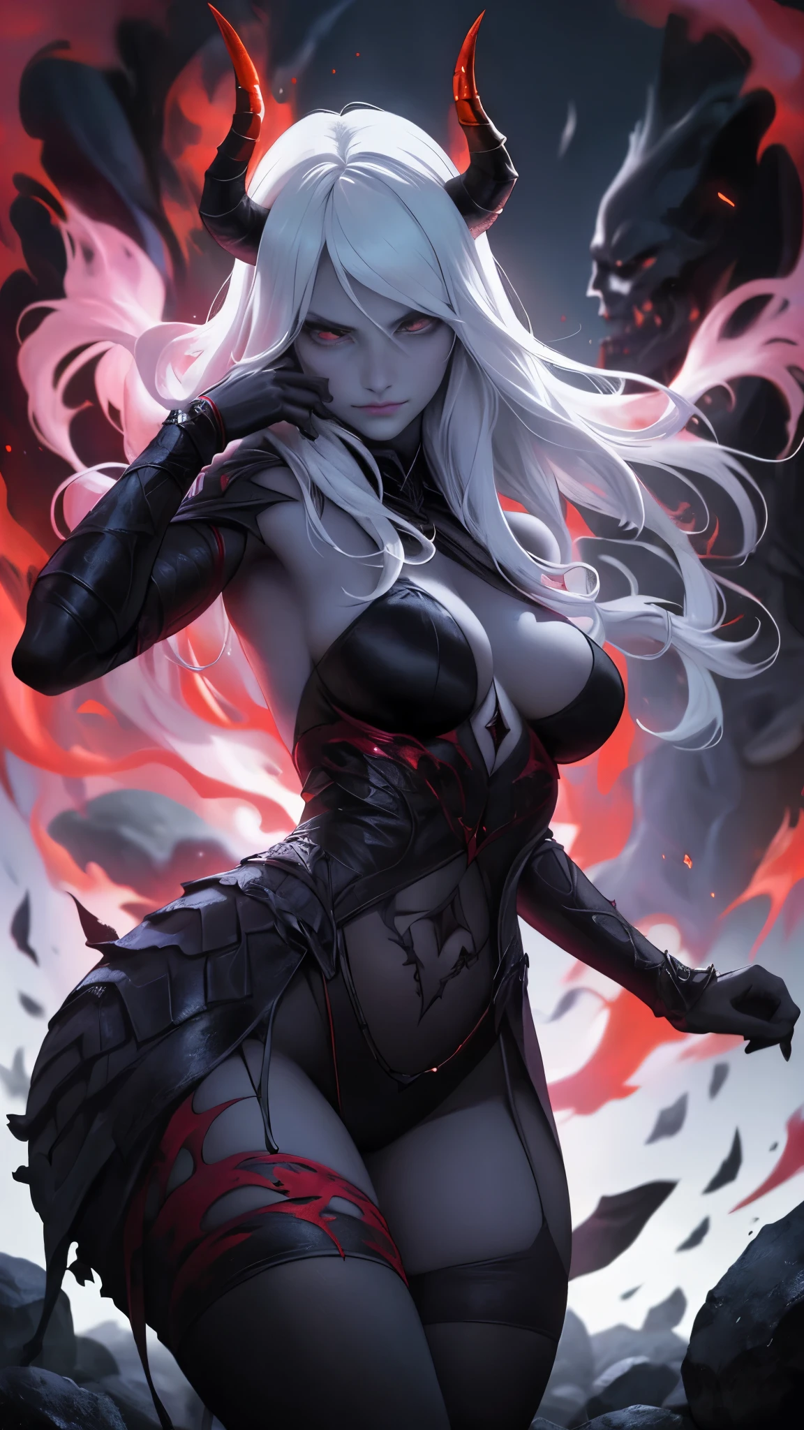 (La mejor calidad,A high resolution,Ultra - detallado,actual),(mujer demoniaca:1.1), SANGRE, VISCERA, SANGRE, GUERRA, MUERTE, infierno,fiery atmosphere,ominoso,calor abrasador,llamas al rojo vivo,devilish beauty,satanic presence,ojos rojos brillantes,gloomy shadows,abismo oscuro,almas ardientes,figuras demoniacas,alas ardientes,aura terrible,tormented spirits,almas torturadas,lava fundida,powerful energy,poderes oscuros, paisaje infernal,eternal damnation,cuernos retorcidos,risa demoniaca,calor intensowave,humo sulfuroso,magia oscura,fuego encantado,evil look,zarcillos ardientes,calor intenso,infierno ardiente,presencia amenazante,gritos sobrenaturales,devilish smile,llamas bailando,ominoso glow,(hermosos ojos azules), (fondo piedras grandes negro:1.4) , (pose vaquero ), (realistic) ,Arte detallado de alta calidad 8K, Fanart Mejor ArtStation, Fantasy art style , (cabello largo white canoso:1.4) ,(Perfect anatomy )