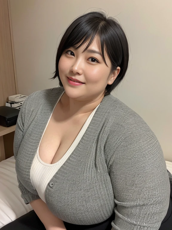 40 years old, Japanese super obese mature woman, super obese, ssbbw, one woman solo, close-up of upper body, ((looking at the viewer)), ((bent down)), face waiting for a kiss, forward leaning posture, (pixie cut), black camisole, cleavage, Super big breasts, (chubby face:1.3), (Super obese chubby body:1.2), black side tie panties, cardigan, (apartment room), sexual smile