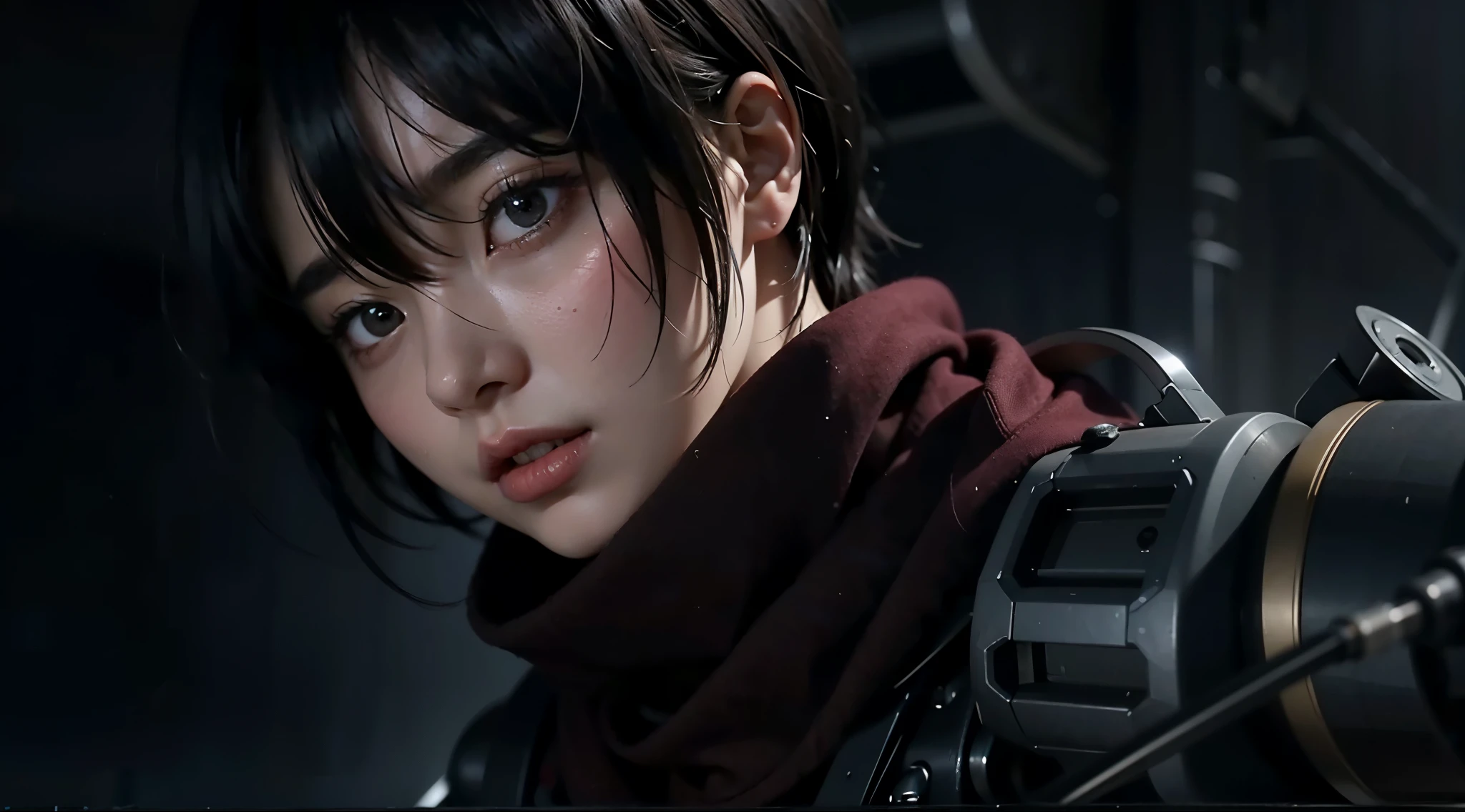 cloudy sky、short hair、red muffler:1.3、Scars on the cheeks、detailed hair、look of despair、19 years old、female:1.2、black hair、movie writing、Special equipment、gray eyes、(best quality, 8K, 32K, muste piece, ticker:1.2)
