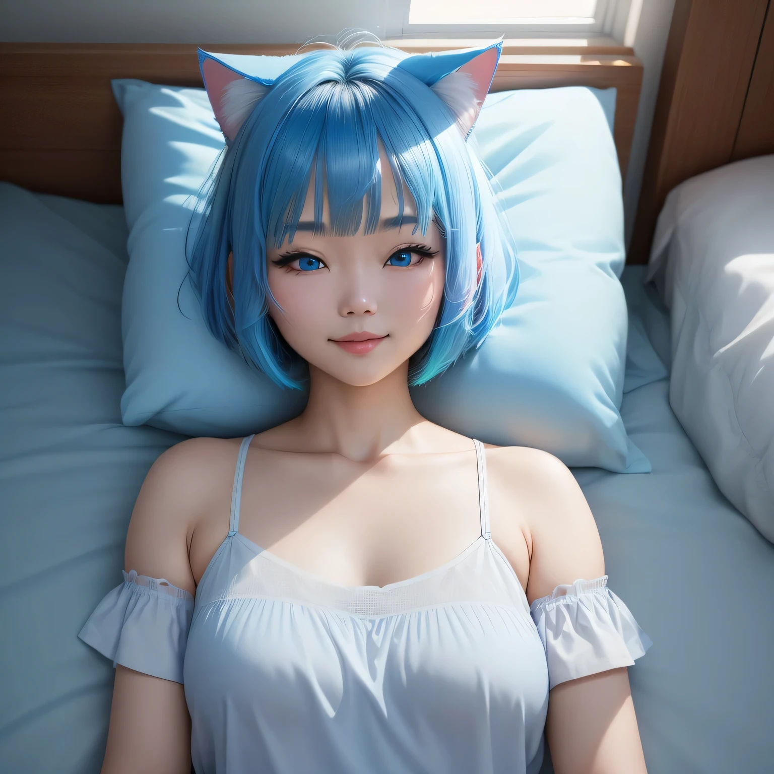 (8k, HDR, RAW photo, best quality, masterpiece:1.2, realistic lighting), medium body view, korean girl, solo, smile, wearing lingering, (bob cuts hair), (sky blue hair), path traced hair, (sky blue cat ears), ((sky blue eyes)), beauty eyes, (thin face), (home:1.3), sleeping in bed, look up, upper body.