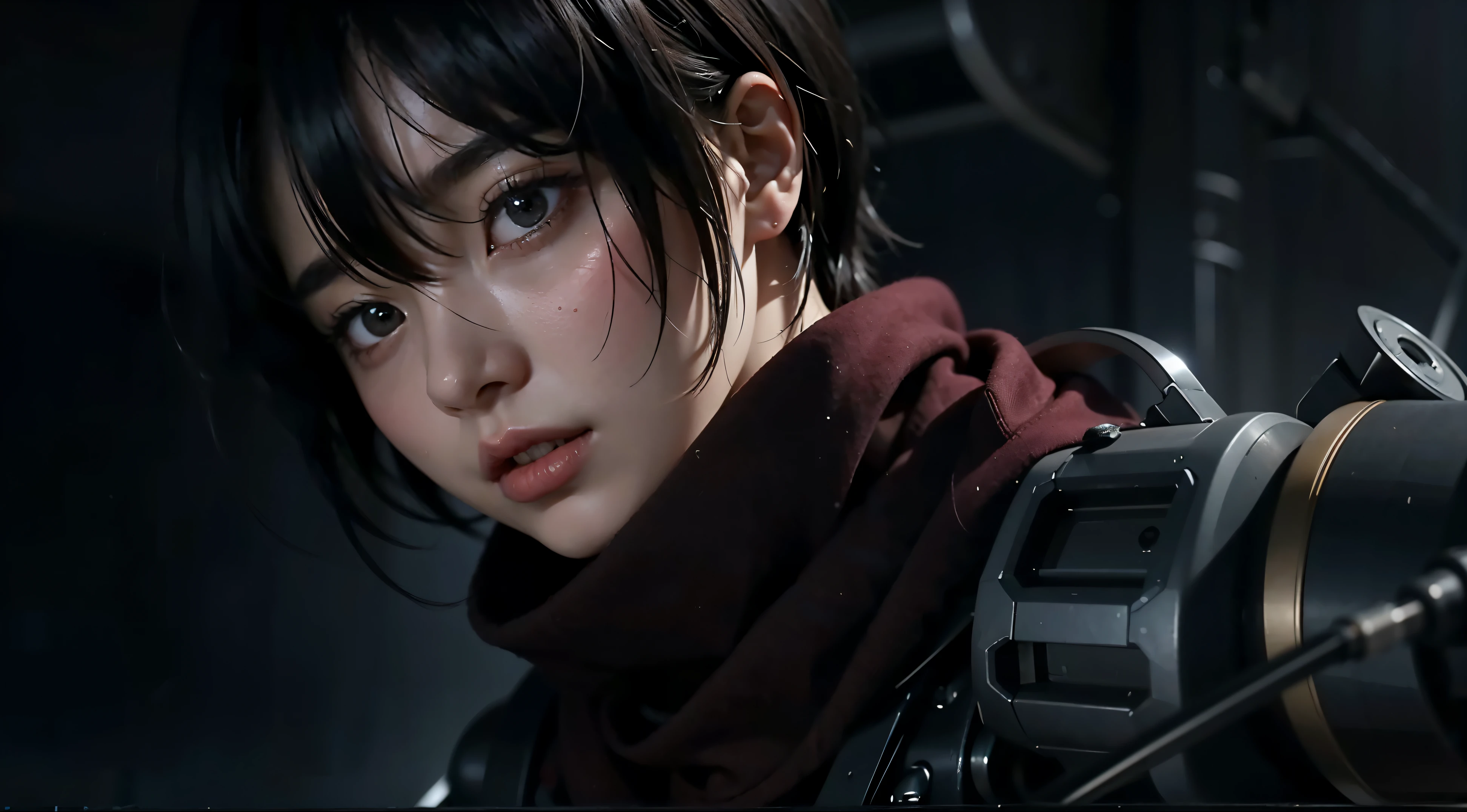 cloudy sky、short hair、red muffler：1.3、Scars on the cheeks、detailed hair、look of despair、19 years old、female：1.2、black hair、movie writing、Special equipment、gray eyes、(best quality, 8K, 32K, muste piece, ticker:1.2)