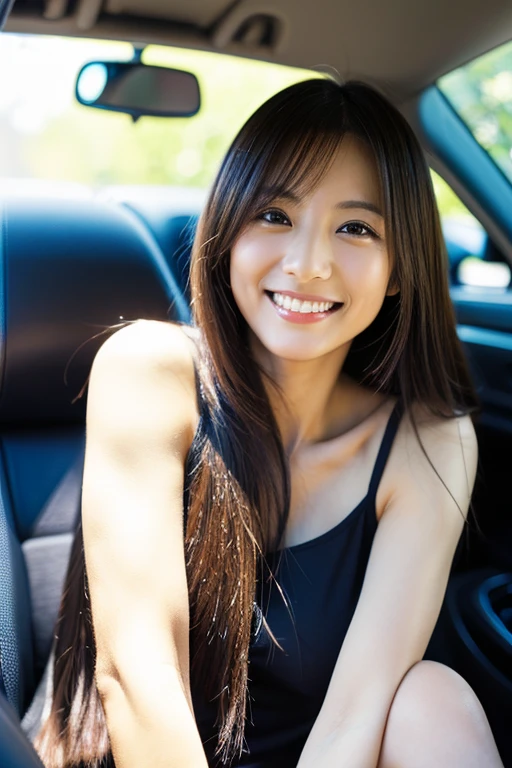 japanese woman、mature woman、sexy smile、long hair、D cup、beautiful limbs、muscular、full body portrait、Taken inside the car、close up of face、OL、，Drops on inner thigh、,masterpiece、SLR

