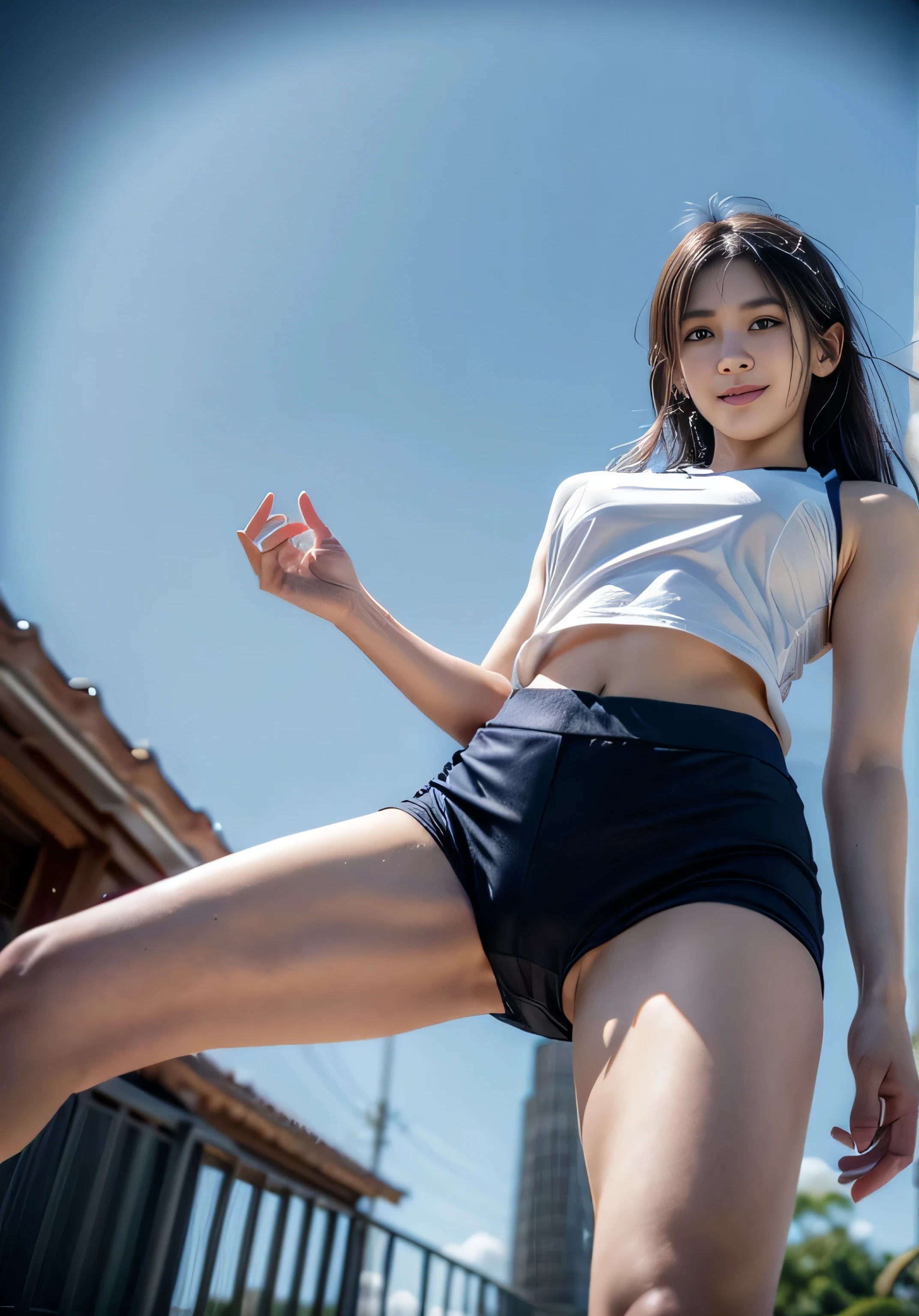 (((Open your crotch and take a photo from below)))、(Crotch enlargement:1.5)Close up with crotch emphasis、Open crotch、(Large Majora Meat Wall:1.5)、A smile、best qualtiy, Full body like,refined face,kawaii faces,Young Woman,slimfigure,Smaller bust,Volleyball Club Uniforms、Tight bloomers、Outdoor Scene,(Accurate and perfect face:1.3),(Long legs:1.3),Cinematic lighting, masutepiece, super detailing, High quality, high detailing, Best Quality, K,High contrast、White background、Sweaty all over