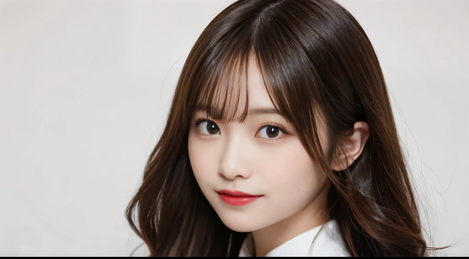 muste piece, best quality, illustration, Super detailed, fine details, High resolution, 8K Dende Wallpaper, perfect dynamic composition, beautiful detailed eyes, she is wearing a black formal suit,medium hair,natural color lip, shy smile,Harajuku style、20 year old girl、There is only one person, bust-up photography、cute type、looking at camera、C Cup、brown hair、pure white background、white background、background white、Copy Space