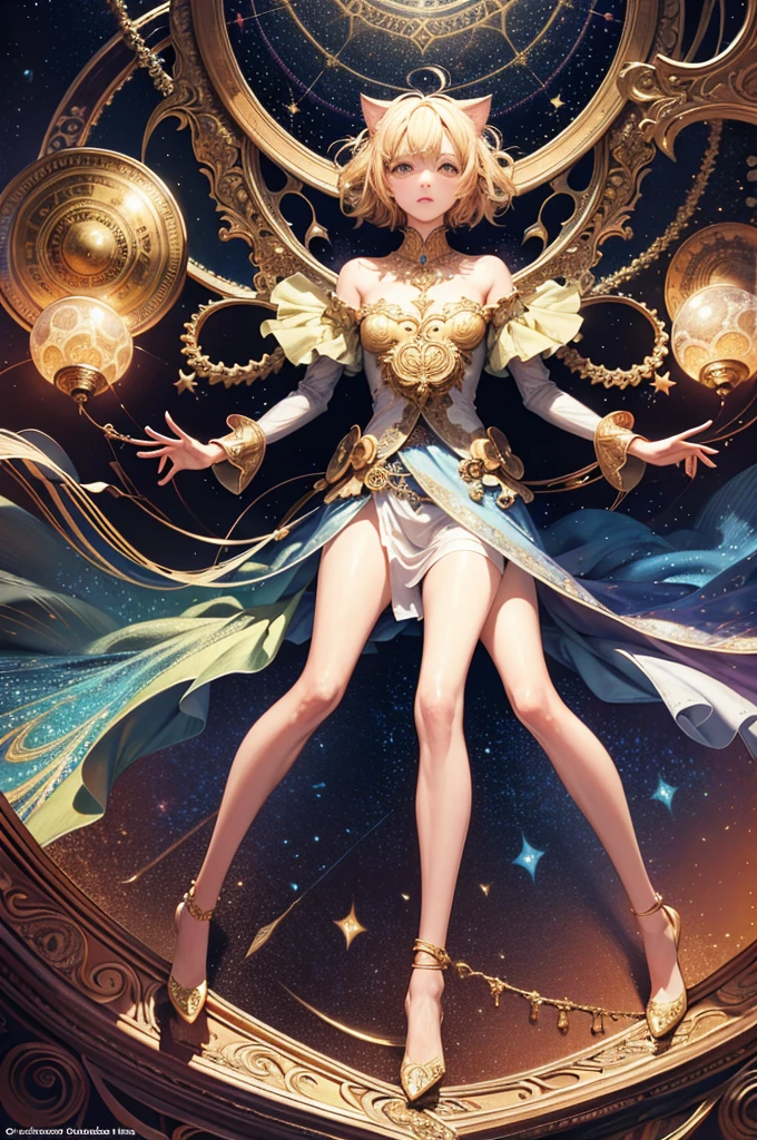 Realistic, (Masterpiece, Top Quality, Best Quality, Official Art, Beautiful and Aesthetic: 1.2), Very Detailed, Fractal Art, Colorful, Most Detailed, Leo, (Abstract Background: 1.5) (1girl: 1.3), (Cat class), yellow hair, bright eyes, earnest, combed back, short hair, , milky way, huge magical gold Leo astrolabe,dream,fantasy, gold trim,beautiful detailed sky,Style and Decoration for Leo, leo goddess,(nsfw:0.8)
delicate refective and high glass guardrail board