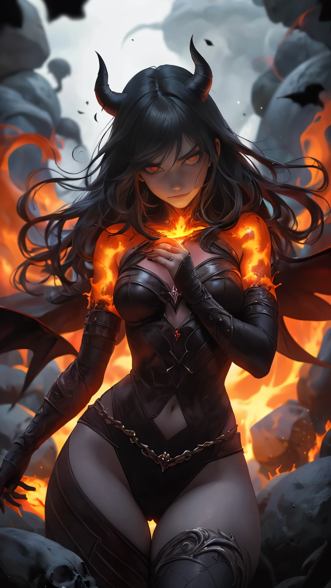 Storyboard, masterpiece, highest quality, dragonlady queen, perfect demoness, bright red glowing eyes, detailed eyes (1.4), scars on face, villainous expression, flaming skin body with bioluminescent glowing pattern, ready for battle, blurred stormy background, dark atmosphere, lighting in background,full body,