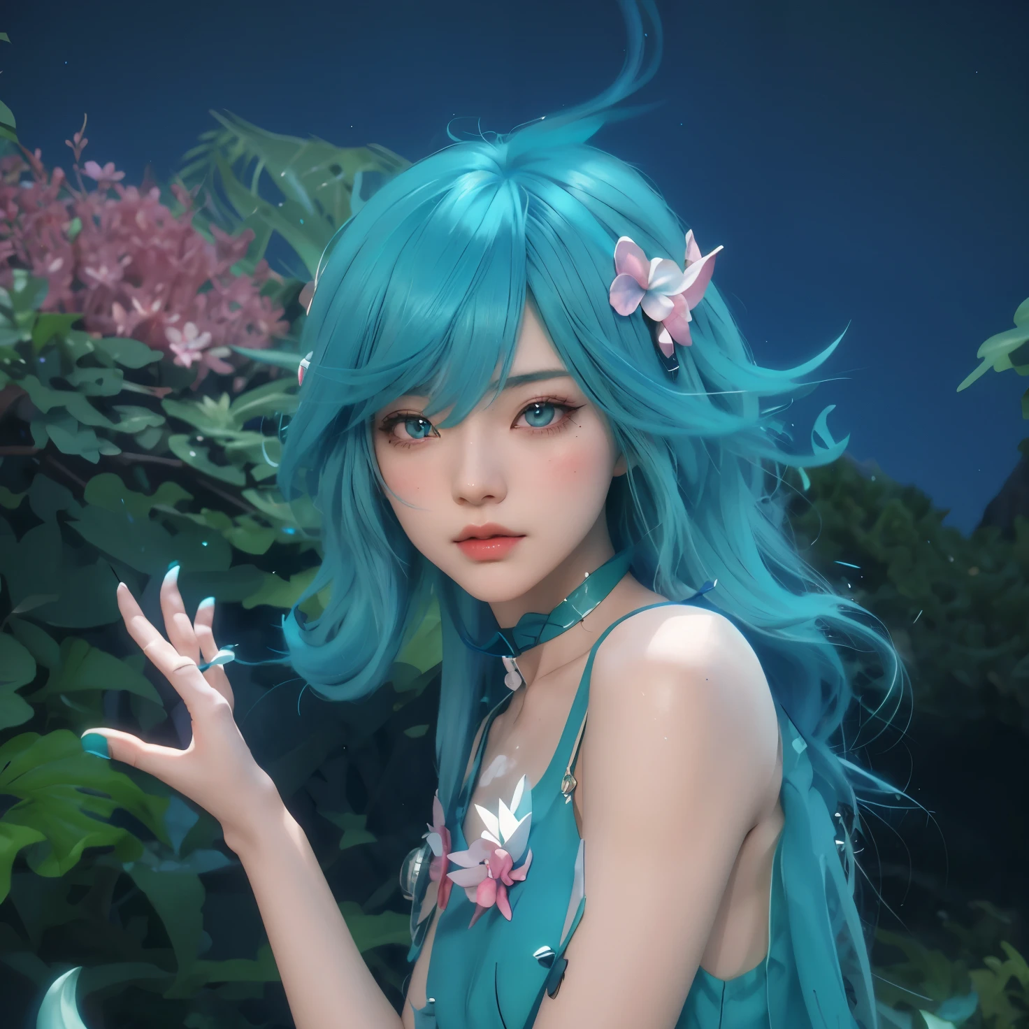 there a woman with blue hair and a green dress, realistic anime 3 d style, trending on cgstation, anime girl with teal hair, stylized anime, anime styled 3d, asian female water elemental, 8k high quality detailed art, trending artgerm, anime style. 8k, ig model | artgerm, fantasy art style