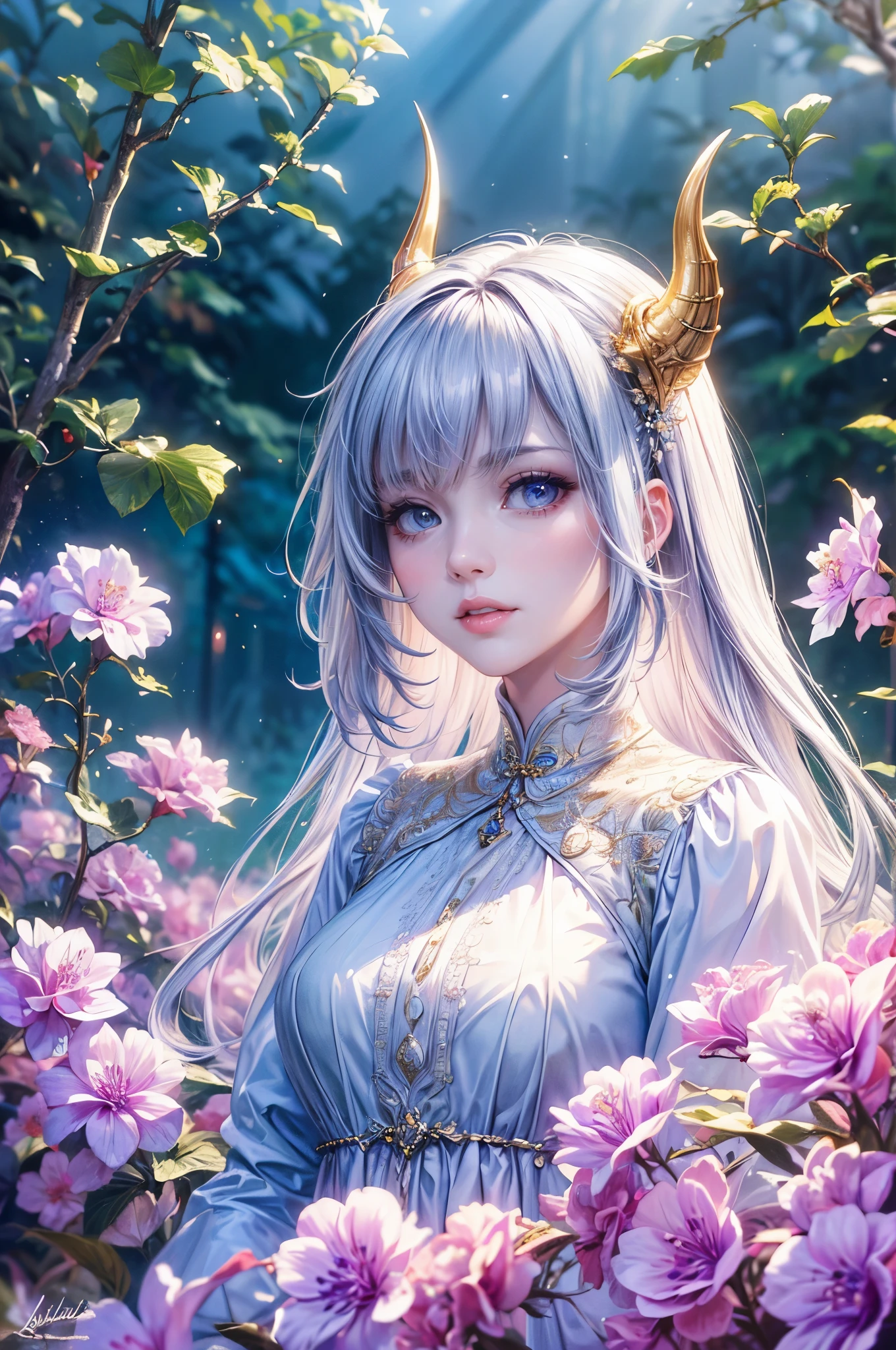 (best quality,4k,highres,masterpiece:1.2),ultra-detailed,realistic,hair:long white,eyes:purple,personification,unicorn,girl,beautiful detailed eyes,detailed lips,feminine,soft expression,fair skin,purple irises,horn,flowing mane,angelic appearance,ethereal,white dress,sparkling crystals,enchanting garden scene,lush greenery,colorful flowers,sunlight filtering through trees,soft bokeh effect,majestic presence,magical atmosphere