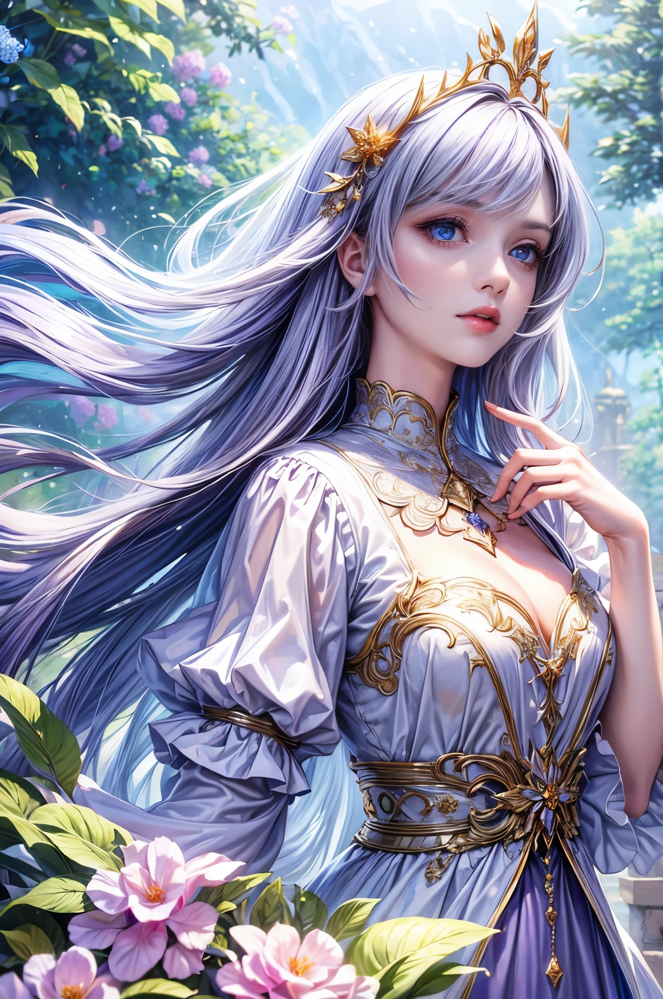 (best quality,4k,highres,masterpiece:1.2),ultra-detailed,realistic,hair:long white,eyes:purple,personification,unicorn,girl,beautiful detailed eyes,detailed lips,feminine,soft expression,fair skin,purple irises,horn,flowing mane,angelic appearance,ethereal,white dress,sparkling crystals,enchanting garden scene,lush greenery,colorful flowers,sunlight filtering through trees,soft bokeh effect,majestic presence,magical atmosphere