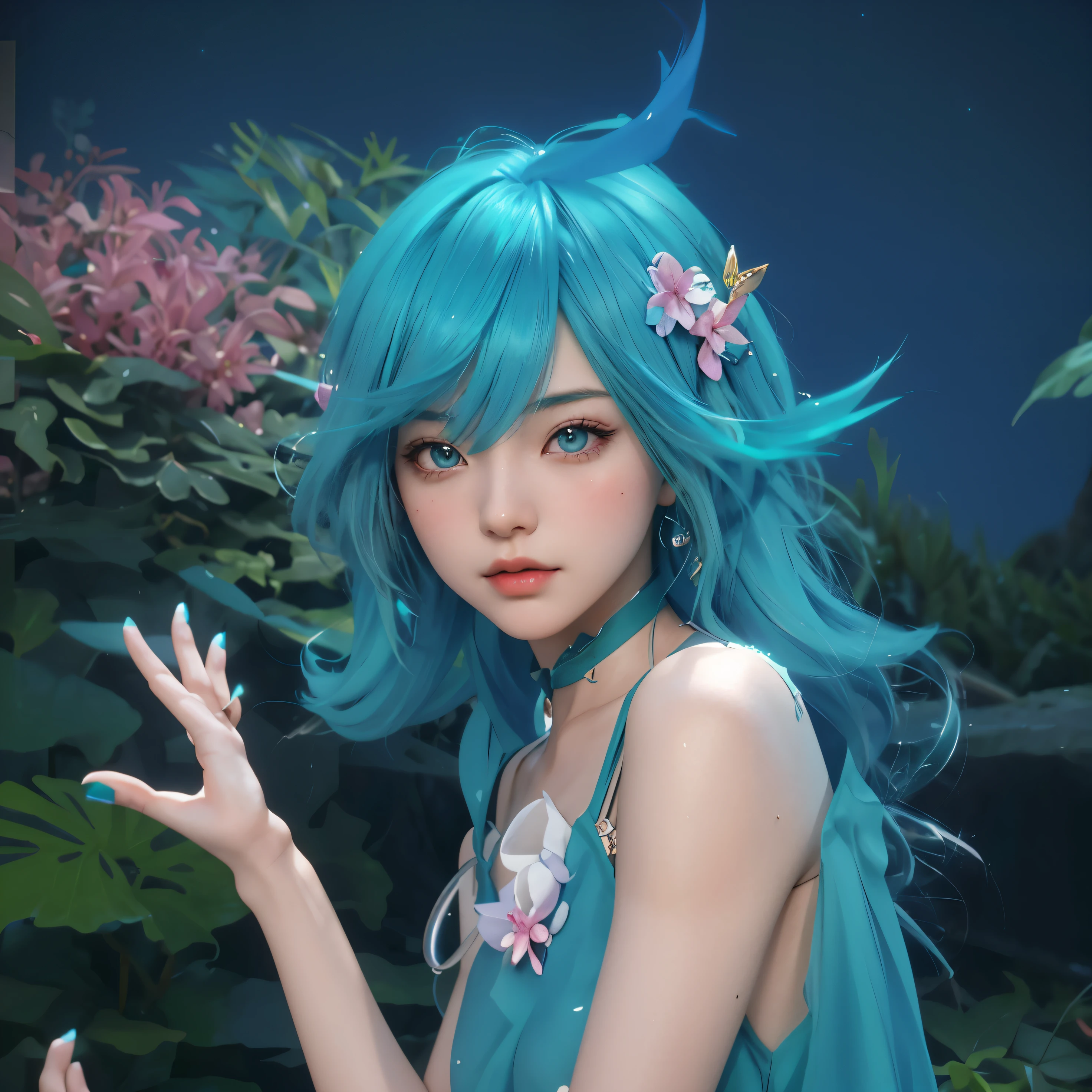 there  a woman with blue hair and a green dress, realistic anime 3 d style, trending on cgstation, anime girl with teal hair, stylized anime, anime styled 3d, asian female water elemental, 8k high quality detailed art, trending artgerm, anime style. 8k, ig model | artgerm, fantasy art style