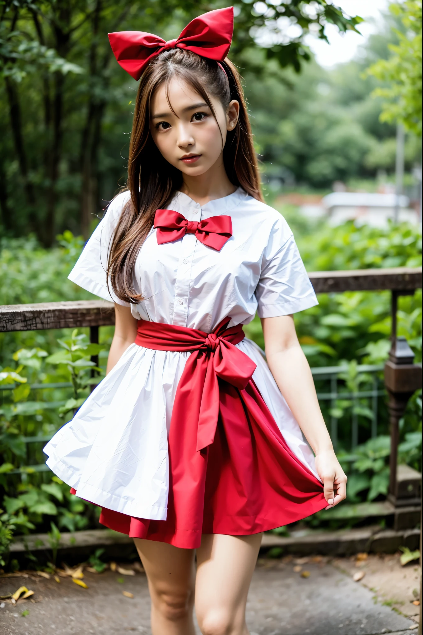 10 years of life, brown hair, Fair skin, realistic, long hair stuck in a red bow, light brown eyes, red dress, 8k images, realistic human skin, real image,