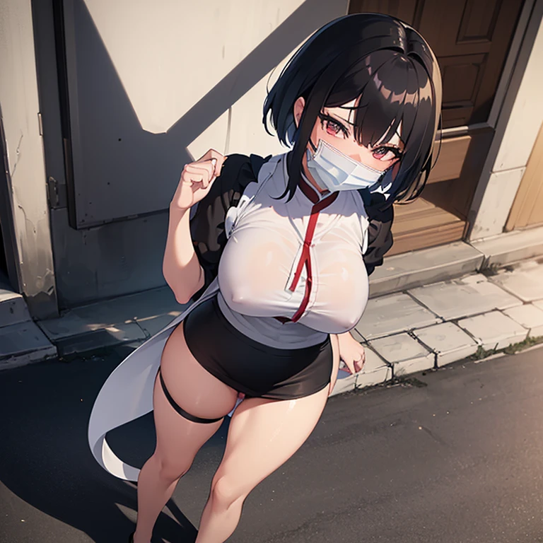 Futanari with penis, with short black hair,((huge breasts, tight mini skirt, woman with a huge 40 centimeter penis between her legs)),((white blouse with Bhutan)),((with a mask, standing in a street)),