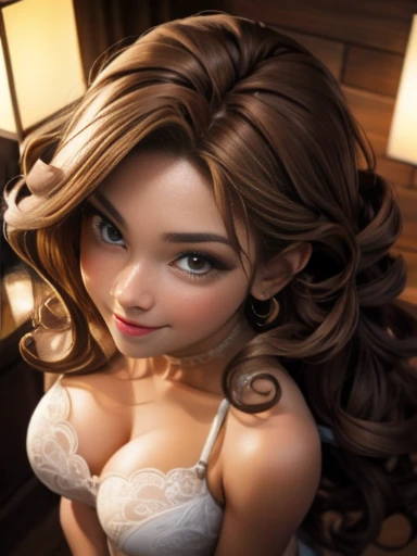 (( overhead view)), ((overhead view): 1.0), a woman, 30 years old, (feminine beauty), ((smilling)), expression of hope,(( smilling ): 1.0), ((Perfect Skin)), light tanned skin, ((Long curly hair, light brown hair): 1.4)