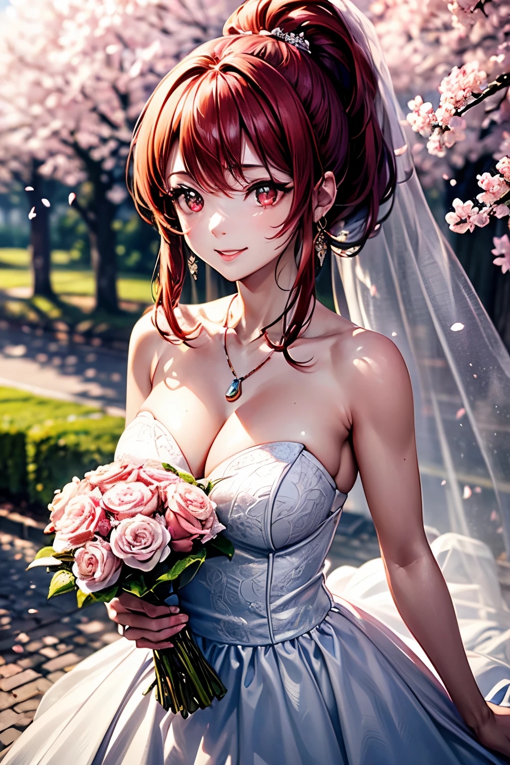 1 Women, 28 years old, jewelry, triangle earring, dog tags, red hair, ponytail, red eyes with slit pupils, master-piece, best quality, proportional body, proportional, Wedding Dresses, White Wedding Dress, Long skirt, wedding, Under the cherry blossom tree background, Cherry blossom petals are falling, outdoor, wedding, Upper body, The sky is beautiful, Both hands hold a bouquet of flowers, (light_Smile:1.2),