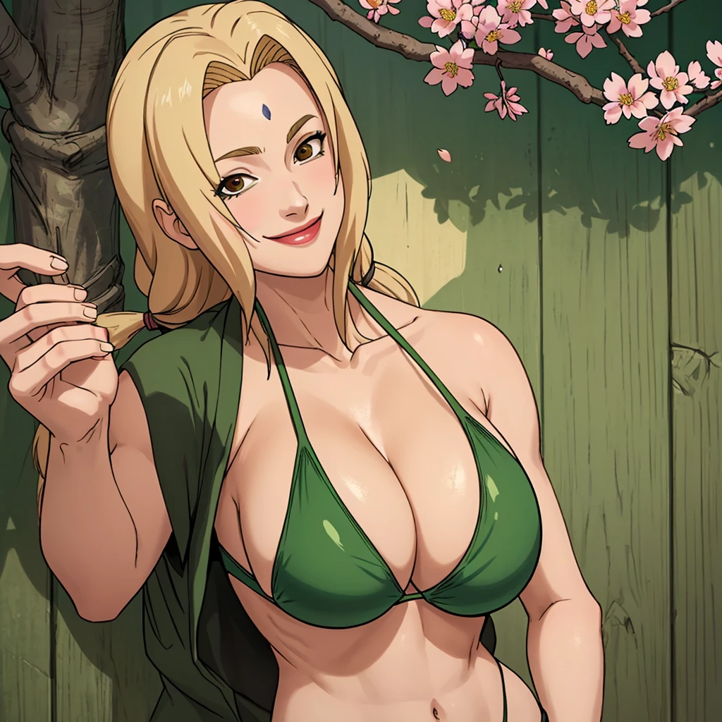 masterpiece， Best quality at best， (1girl)， Tsunade Senju， Large breast，（cleavage)，（upperbody closeup), (green bikini), Raised sexy， shy，smile，long blonde hair, （brown eyeballs:1.4)， the cherry tree, busty figure, huge breats, busty, cleavage