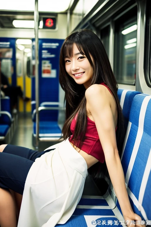 japanese woman、mature woman、sexy smile、long hair、D cup、beautiful limbs、muscular、full body portrait、Photographed inside the train、close up of face、suit、，Drops on inner thigh、,masterpiece、SLR、standing、molestation