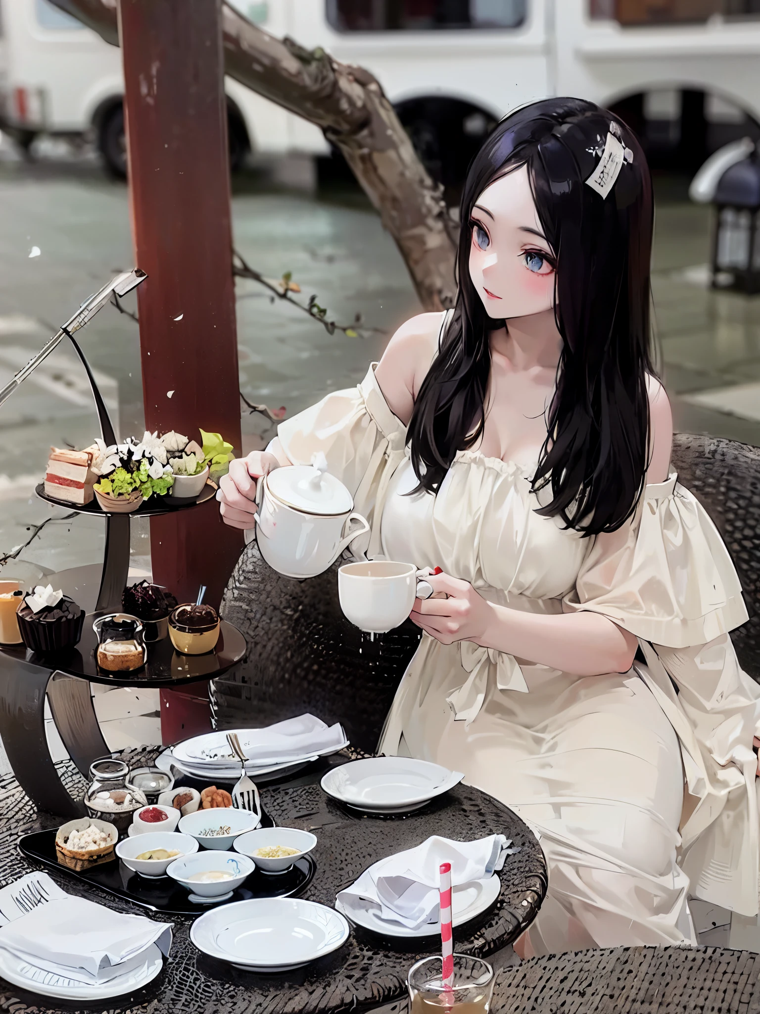 woman sitting at a table with plates of food and drinks, white hanfu, drinking tea,  ((drinking a cup of tea)), pale porcelain white skin, belle delphine, sha xi, ivory pale skin, at the waterside, dilraba dilmurat, chinese girl, tea drinking and  lanterns, palace ， a girl in hanfu, tea party