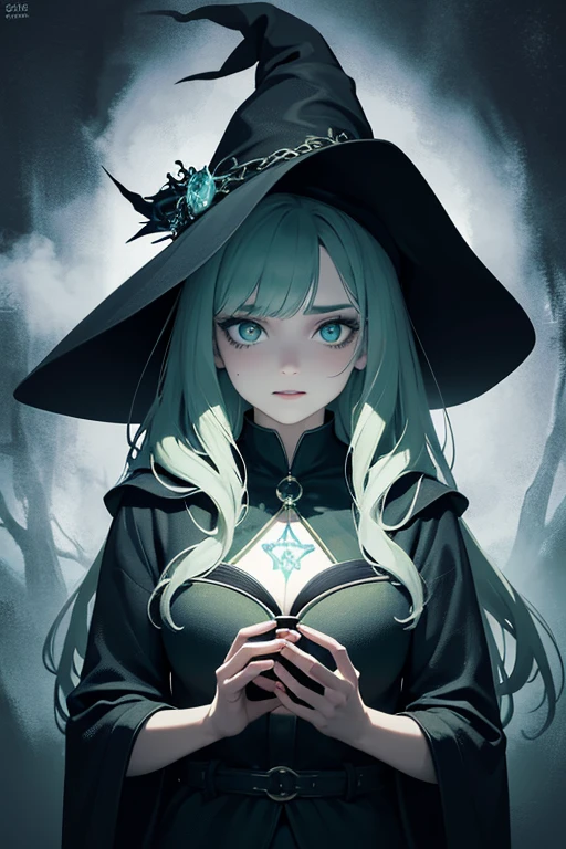 1 Witch woman, in black robe with white parts, holding a magic wand, blue rays behind her, staring at the viewer, forehead mark, she has (blue long hair:1.5) with braids and (green eyes:1.5), immensely large breasts, blue magic aura swirling around her body, in a forest full of magical creatures around her, anime style, symmetry, anatomically correct, 16k, highres, best quality, award winning, high quality, high details, UHD, masterpiece, ccurate