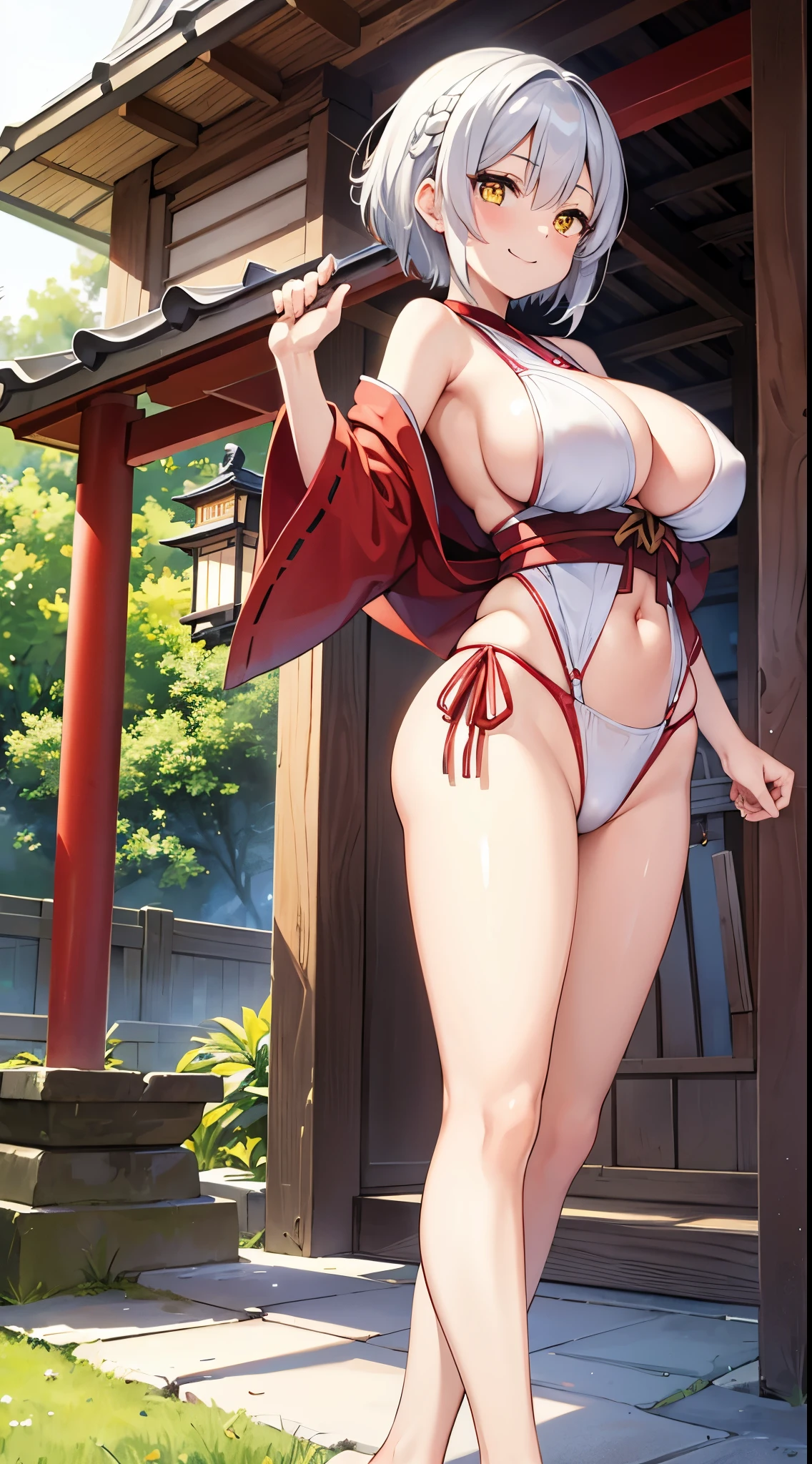1 girl, game cg, miko on swimsuit, gigantic breasts, silver hair, short hair, french braid, yellow eyes, Japanese shrine, dynamic, smile,