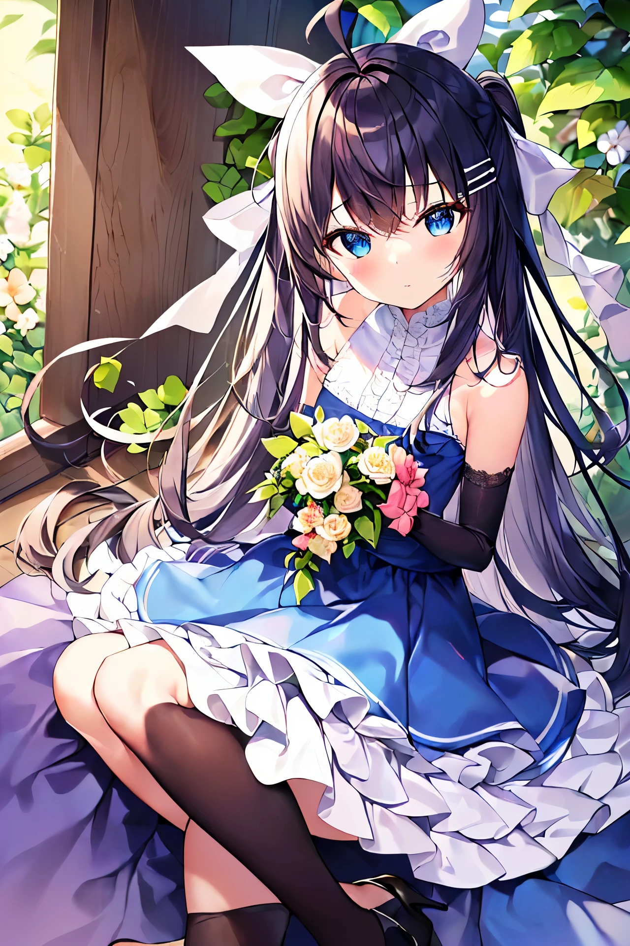 (((masterpiece))), (((Best Quality))), (((high quality))), (((beautiful))), (((8K))), (((highres))), (((absurdres))), (((exquisite))), (((Ultra high definition))), (((High resolution))), (1girl), (Gamine:1.5), (:1.4), (Dark blue straight long hair:1.3), (Very long sideburns of dark blue color), (Super long and thick sideburns of dark blue color:1.4), (dark blue bangs with super large splits:1.3), (Simple Hair Clip:1.3), (ahoge:1.4), (Small blue eyes:1.2), (A little sagging eyes:1.3), (Super thick sideburns and super long sideburns:1.1), (Super long and thick sideburns:1.1), (Extra Ultra Flat Chest:1.2), (extremely small breasts:1.2), (白い窓の前に立つ:1.4), (白い窓の前に立つ:1.4), (white theme:1.4), (cute classic dress:1.3), (fusion of white High neck blouse and white classic dress:1.4), ((bare shoulders, no Sleeve):1.3), (white ribbon bow:1.3), (bare arms:1.4), ((lace and tulle Layered skirt with ruffles, crinoline):1.3), (white stockings with floral-lace:1.3), (sheer white lace evening gloves:1.2), (white high heels:1.1), (白い窓から差し込む光:1.4), (白い窓から差し込む光:1.4), (植木鉢の観葉植物:1.4), (植木鉢の観葉植物:1.4), (植木鉢の観葉植物:1.3), (女の子のとても可愛い部屋の中 :1.4), (dynamic pose:1.4), (dynamic pose:1.4)