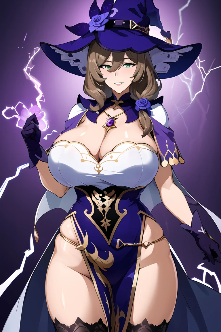 masterpiece, best quality, highres, aalisa, long hair, hair flower, green eyes, witch hat, purple headwear, hat flower, necklace, capelet, purple dress, black gloves, black thighhighs, standing, (magic:1.2), cowboy shot, (electricity:1.1), smile, gigantic breast, cleavage