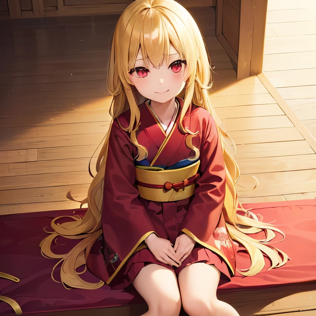 最高の質感, 高品質, 1girl,((child)),(((((loli))))),(((((10 years old))))),(((blonde hair))),ahoge,long hair,wavy hair,(((red eyes))),kimono,furisode,smile