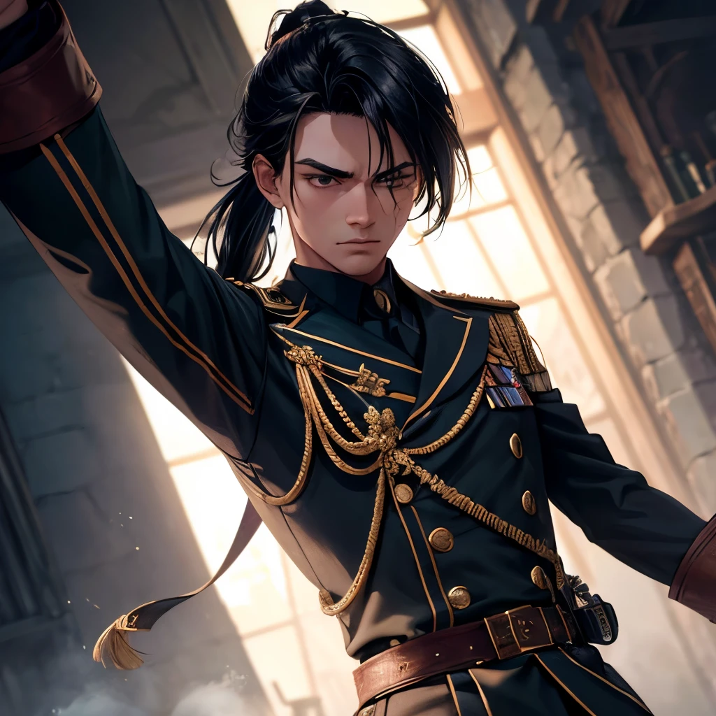 (best quality,4k,8k,highres,masterpiece:1.2),ultra-detailed:1.37,A cool but ruthless young man,3rd class officer uniform,black long hair tied in a ponytail,sharp and menacing expression,piercing eyes,tightly gripping a military sword,mysterious aura,olive drab color tone,detailed military insignia and rank patches,background with naval elements,authentic historical accuracy,gritty textures,studio lighting,emphasize facial features,high contrast,subtle shadows,dynamic pose,confident posture,imposing presence,vivid colors that enhance the mood,attention to hair and clothing details,revealing the young man's character,strong composition that captures the intensity of the moment,masterful use of light and shadow,create a sense of depth and volume