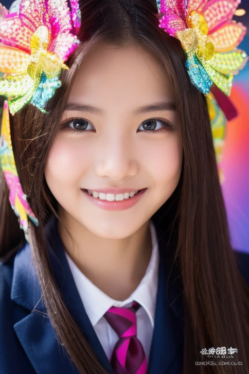 absurdres, superfine illustration,rainboweffect, highres, ultra detailed,light diffusion,highly detailed light reflection, kaleidoscope, harmonious, best shadow, highly detailed very beautiful big smile face, ;D, beautiful growing crystal diamond star pupil,look at viewer, beautiful detailed hair, solo, dynamic pose, beautiful detailed pink and black ribon, beautiful detailed High school uniform, Fantastic and the whole shines and shooting star and the wind is strong in detail background,wish for peace