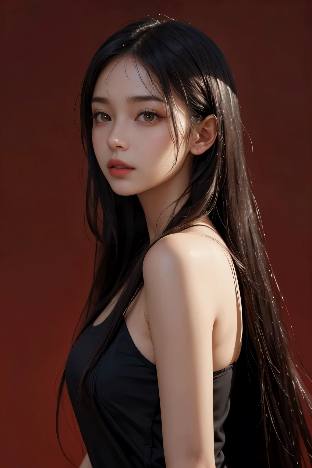 a 20 yo woman,long hair,dark theme, soothing tones, muted colors, high contrast, (natural skin texture, hyperrealism, soft light, sharp),red background, background,